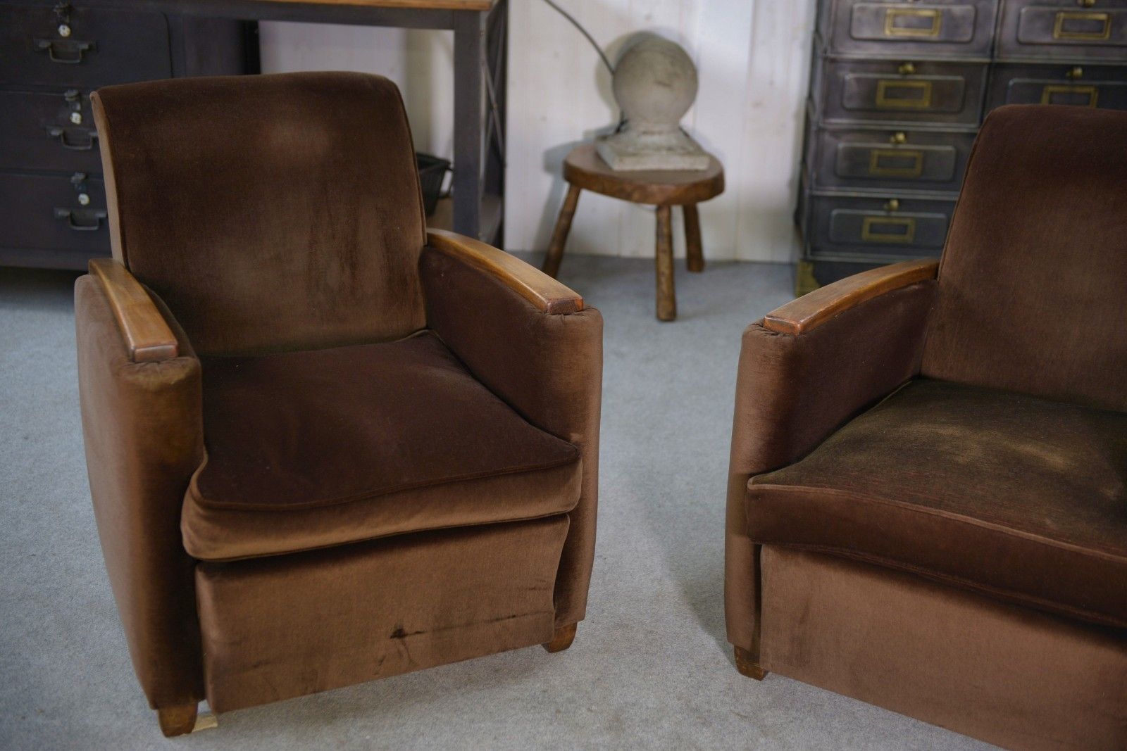 Pair Of Art Deco Velvet Club Armchairs In The Taste Of Jules Leleu 1930's photo buy