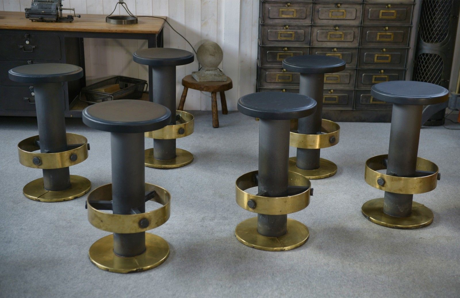 1980's Steel And Brass Stool Set Of 6