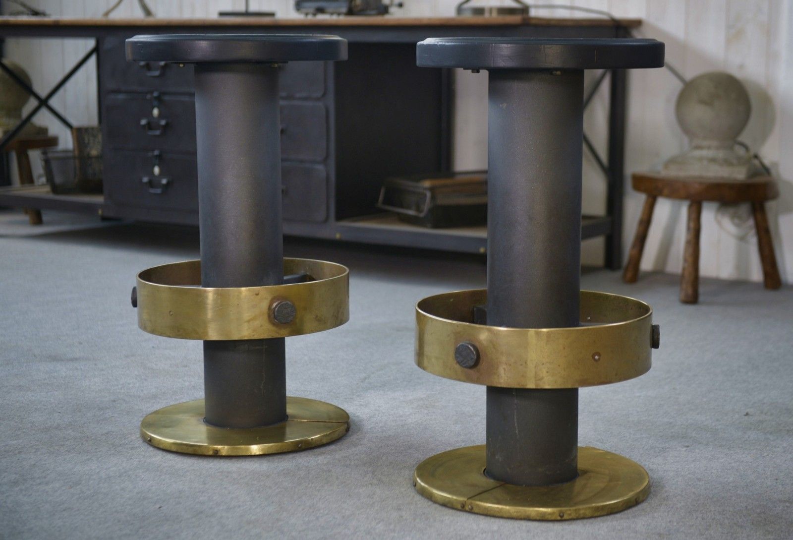 Furniture 1980's Steel And Brass Stool Set Of 6 photo