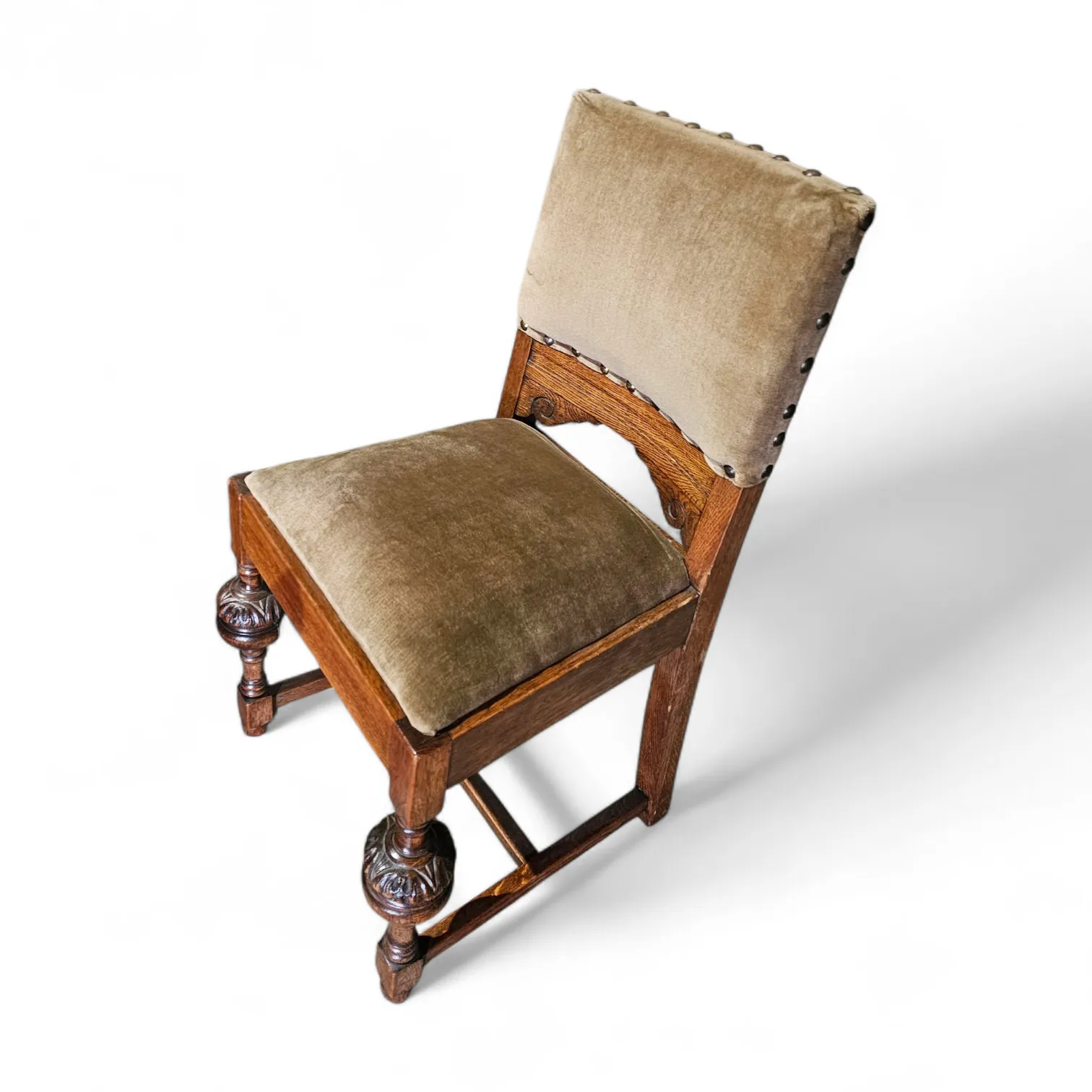 Jacobean / Tudor Style / Oak Chairs / Green Velvet / 1930s photo for sale