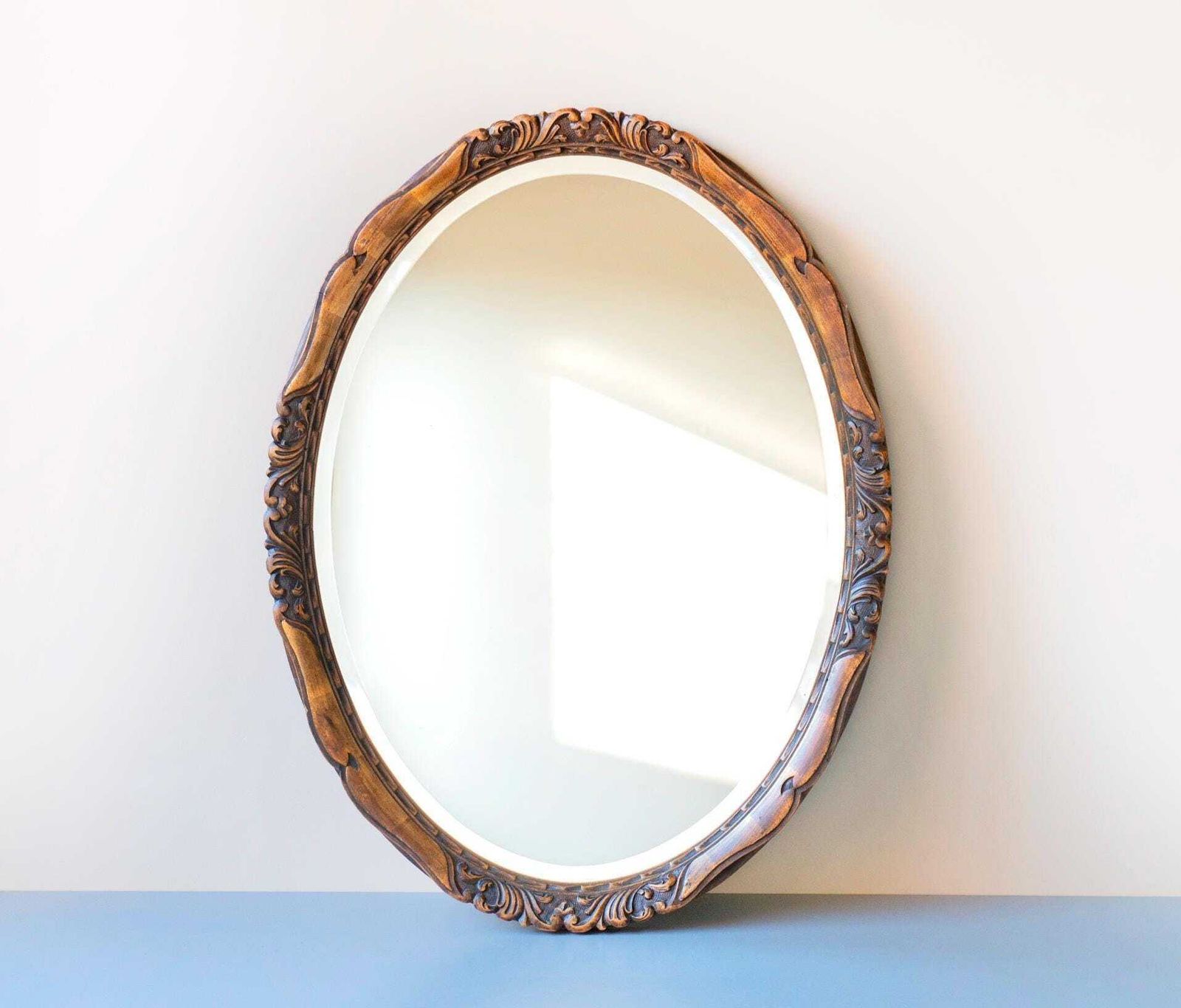 Antique Oak Oval Wall Mirror – Beveled Glass – Hand Carved Ornate Frame – Vintage Victorian Style Decor