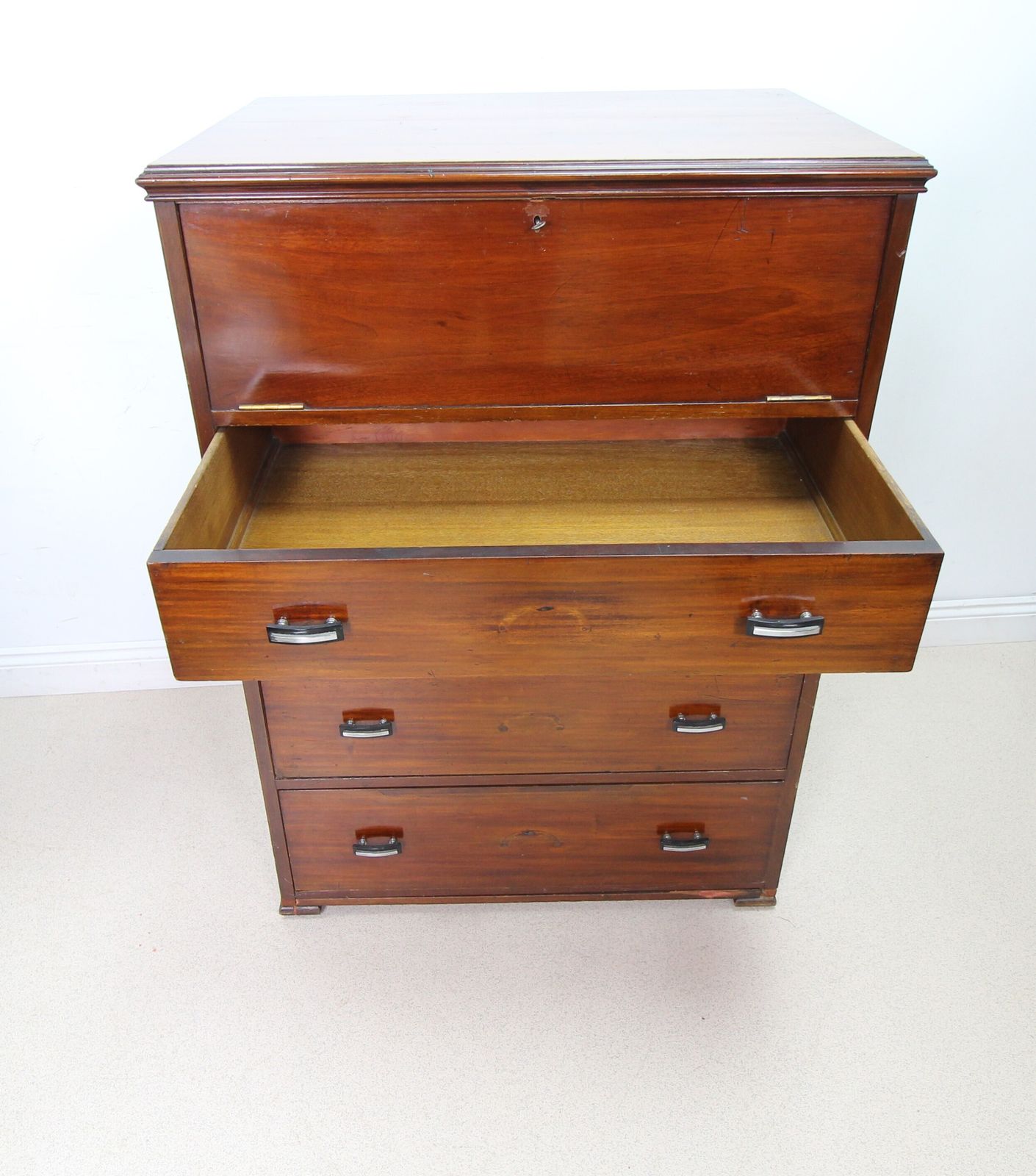 Large Art Deco Mahogany Secretaire Chest Of Drawers With Drop Front photo for sale