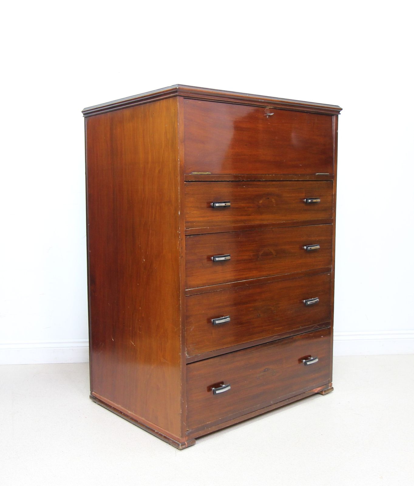 Large Art Deco Mahogany Secretaire Chest Of Drawers With Drop Front