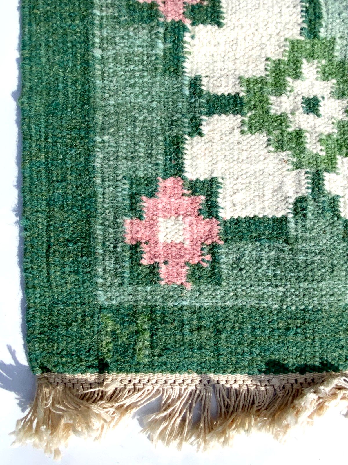 Swedish Green Wool Rug Flat Weave Kilim Rölakan Rug By “M”1960,  208cm X 140 Cm photo for sale