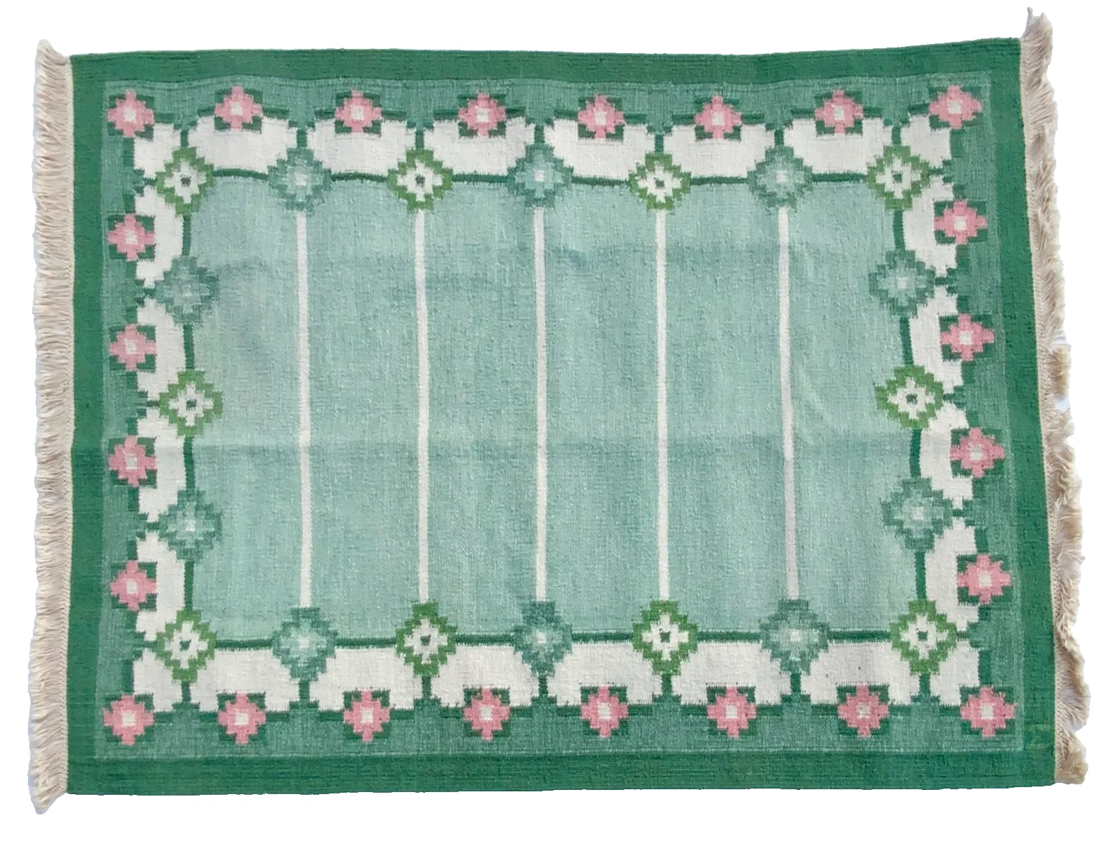 Swedish Green Wool Rug Flat Weave Kilim Rölakan Rug By “M”1960,  208cm X 140 Cm photo vintage