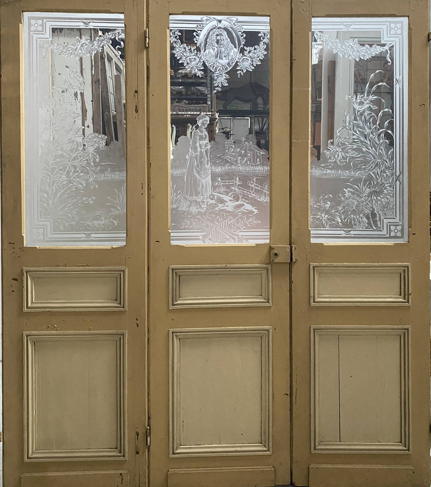 Set Of Three Art Nouveau 20th Century Wooden And Etched Glass Partition Doors photo vinterior