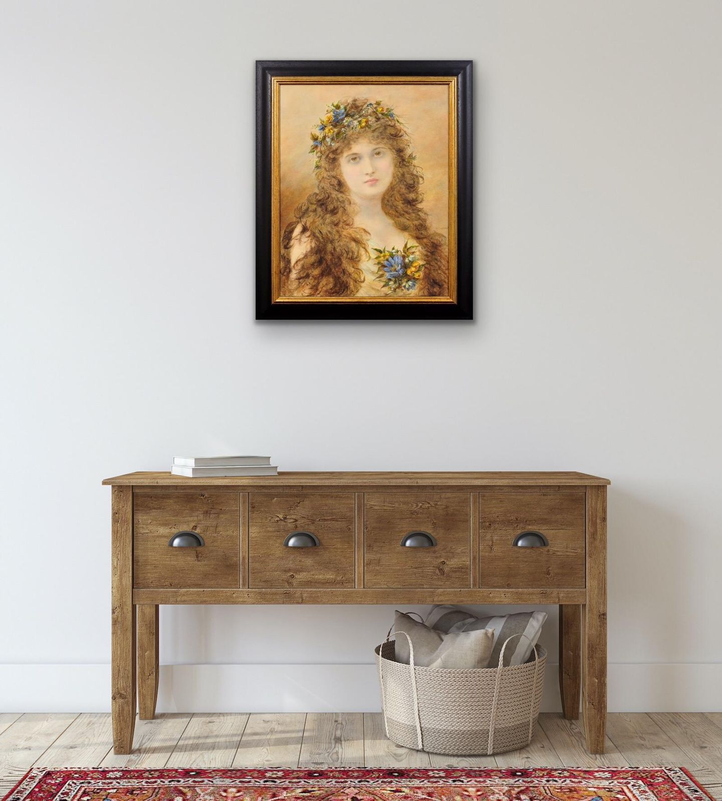 Alice Renshaw 1849 To 1900. Primavera. Young Lady With Springtime Flowers In Her Cascading Locks. Framed Victorian Mixed Media Painting. photo buy