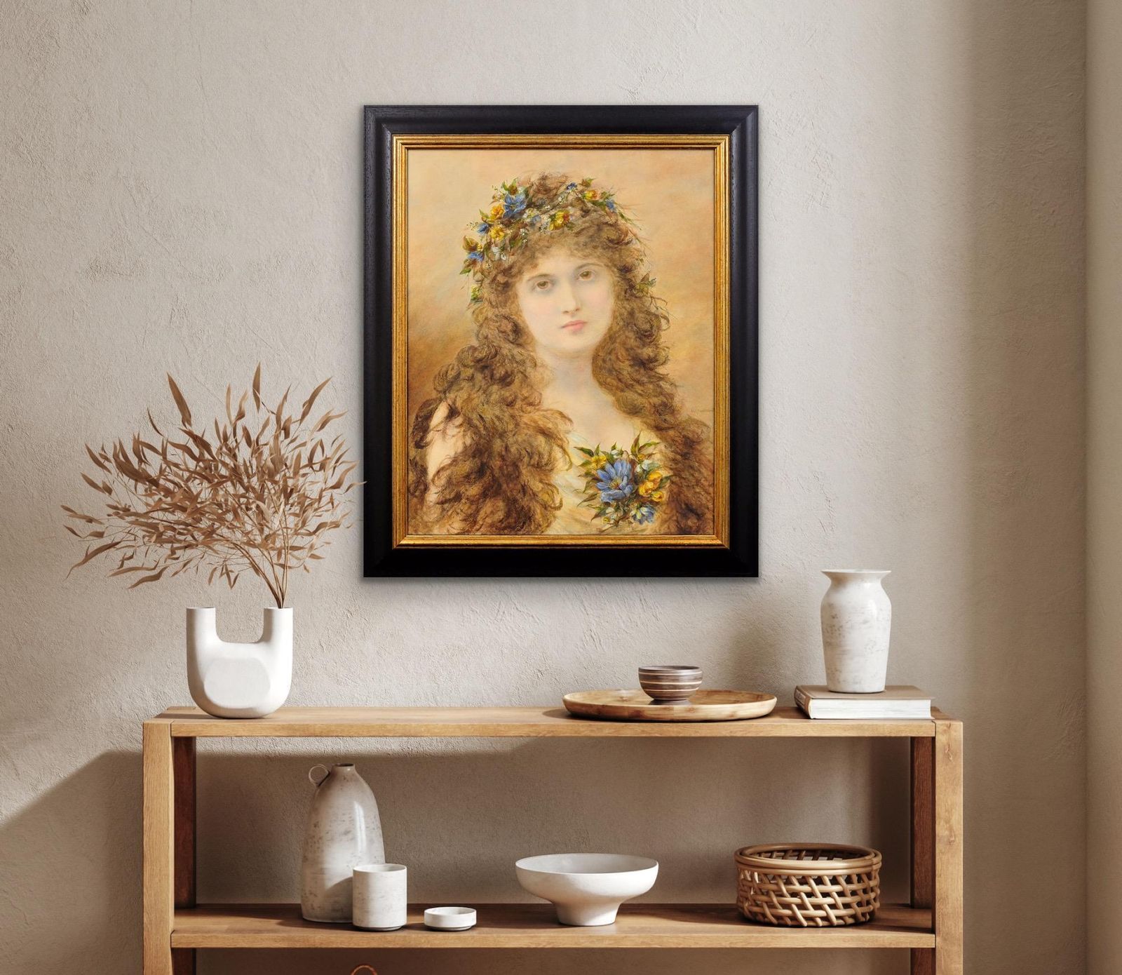 2795.0 Alice Renshaw 1849 To 1900. Primavera. Young Lady With Springtime Flowers In Her Cascading Locks. Framed Victorian Mixed Media Painting. photo