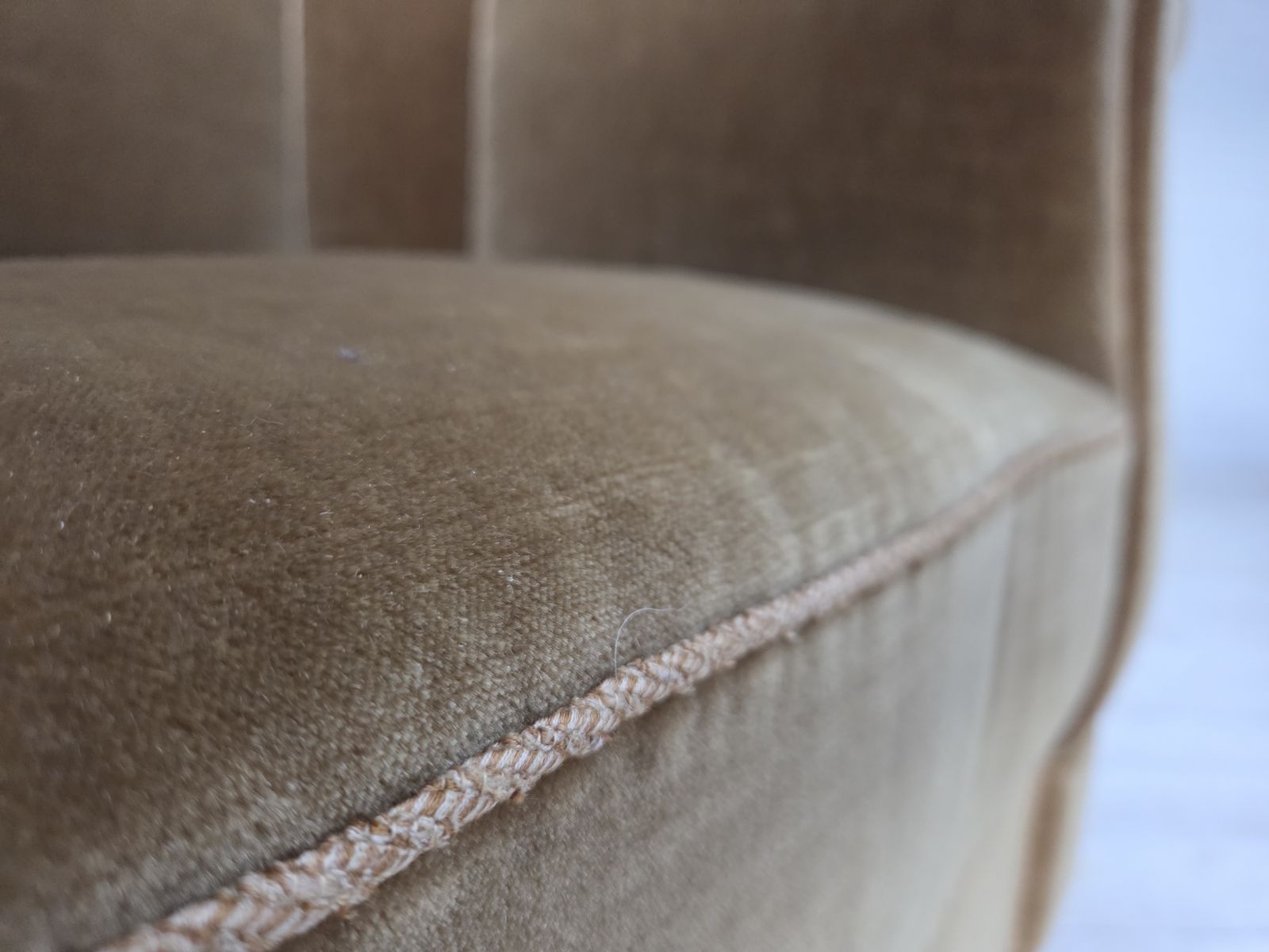 1960s, Danish Relax Armchair, Light Green Furniture Velour, Oak Wood Legs. photo vinterior