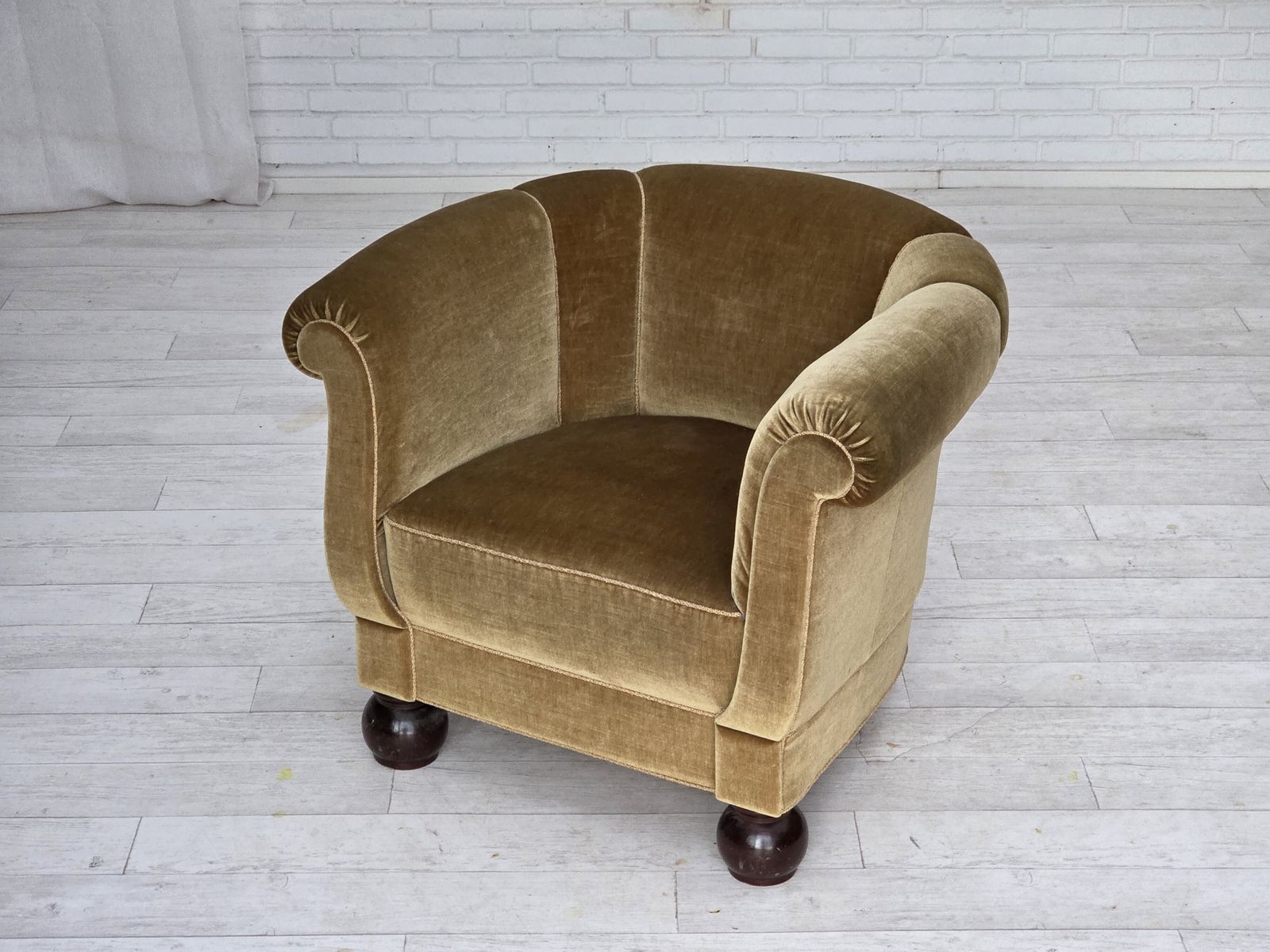 photo buy 1960s, Danish Relax Armchair, Light Green Furniture Velour, Oak Wood Legs.