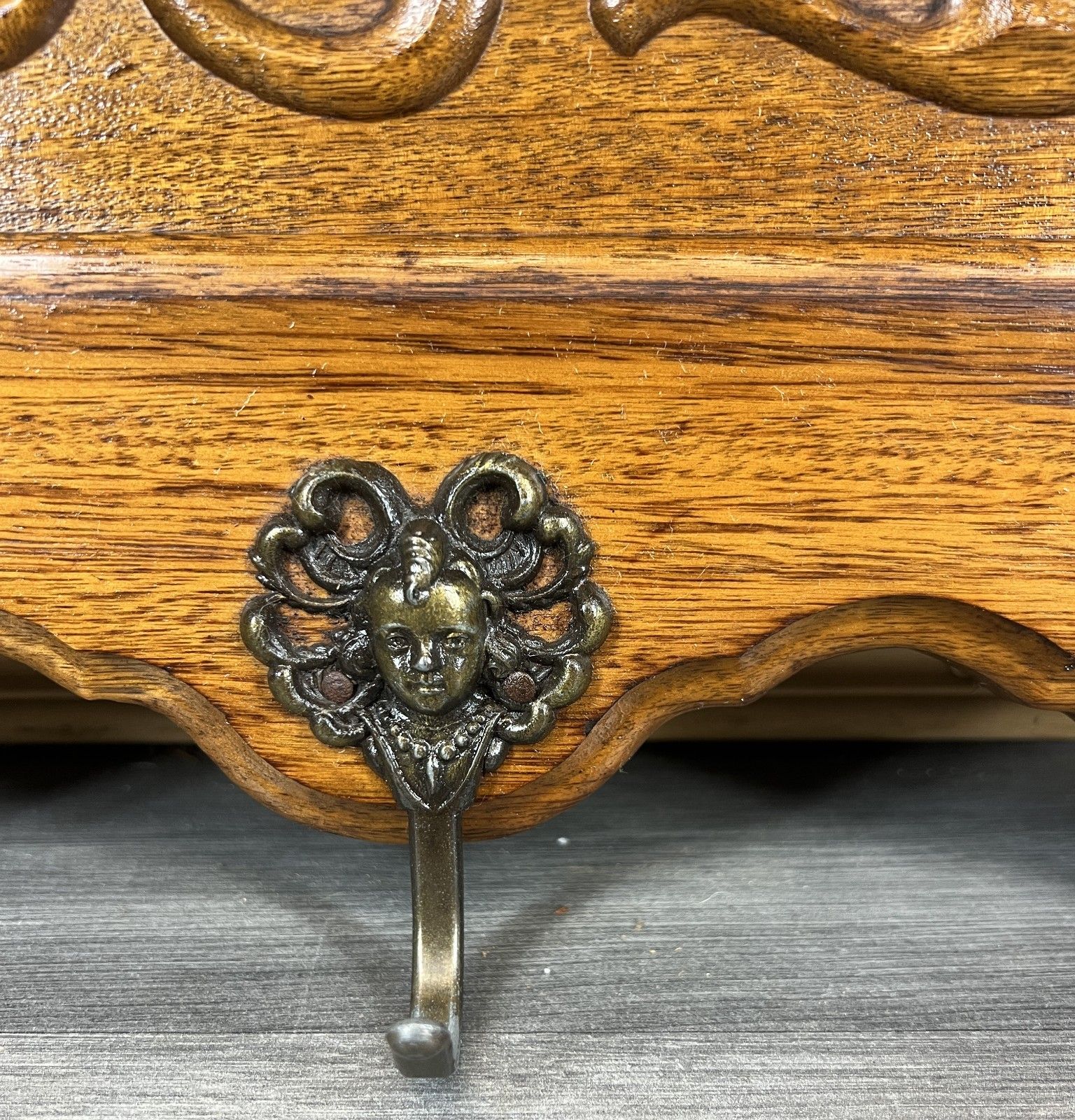 French Vintage Coat Rack Oak 7 Hooks Wall Shelf Carved Coat Hanger Lot 4492 photo vinterior
