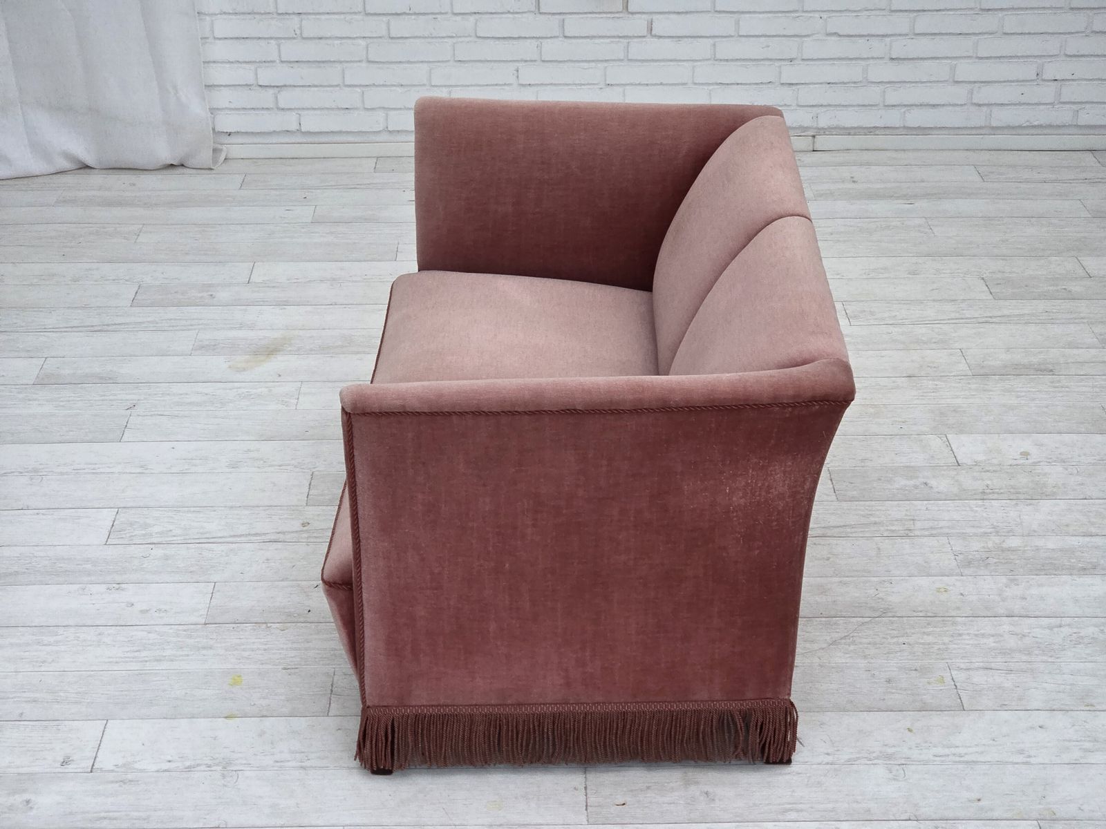 1970s, Danish 2 Seater Sofa, Original Salmon Pink Furniture Velour. photo 1200.0