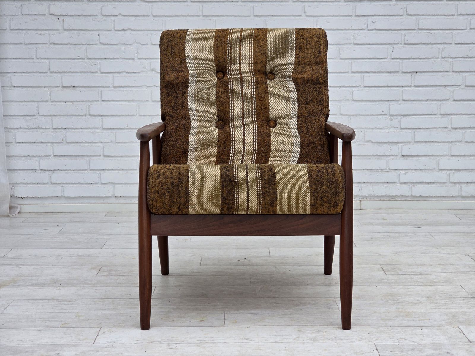 1970s, Danish Armchair, Teak Wood, Furniture Wool Fabric. photo Furniture