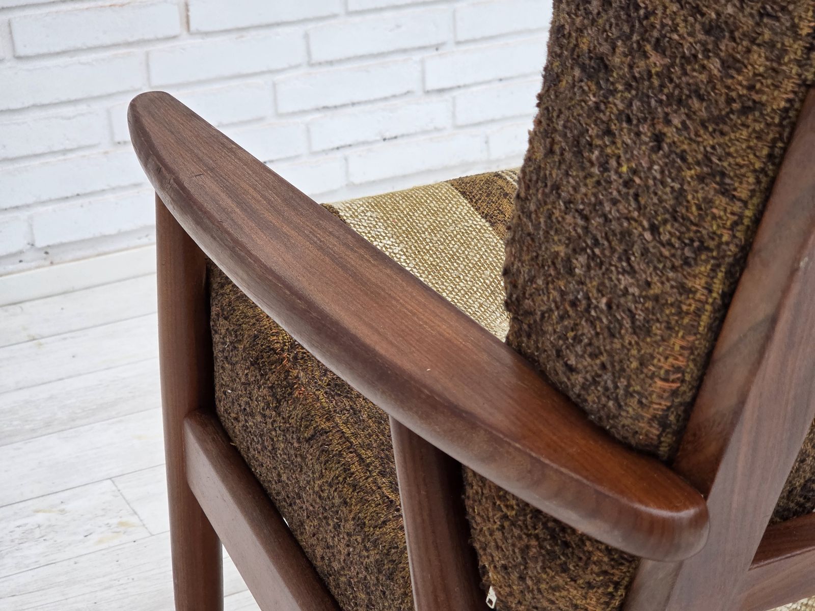 photo buy 1970s, Danish Armchair, Teak Wood, Furniture Wool Fabric.