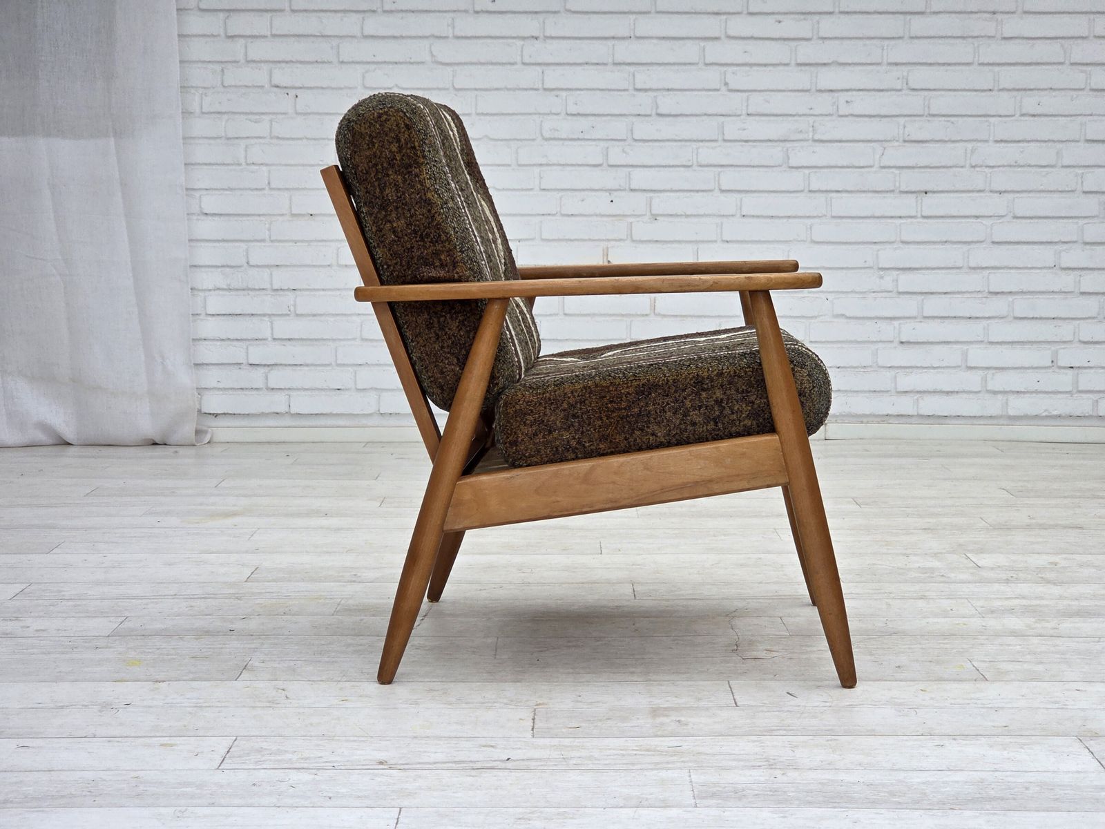 Furniture 1970s, Danish Armchair, Beech Wood, Furniture Wool Fabric. photo
