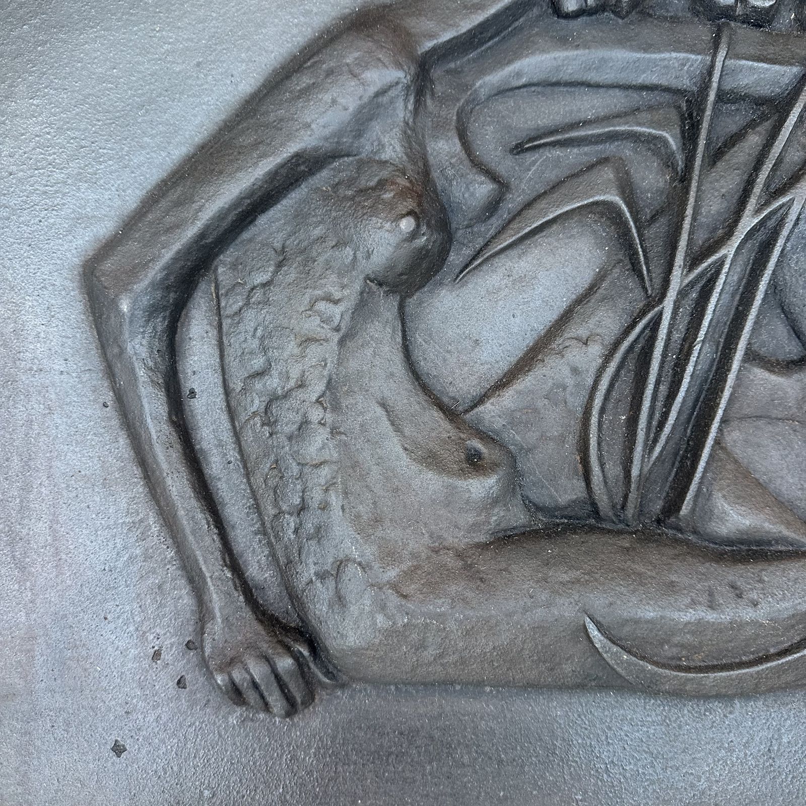 Modernist Cast Iron Plaque Depicting A Nude Woman Holding A Scythe And Ears Of Wheat photo vintage