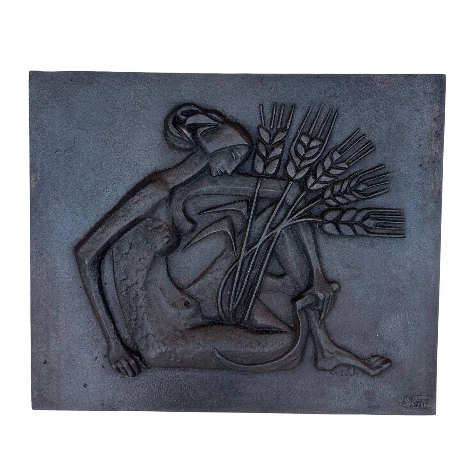 1250.0 Modernist Cast Iron Plaque Depicting A Nude Woman Holding A Scythe And Ears Of Wheat photo