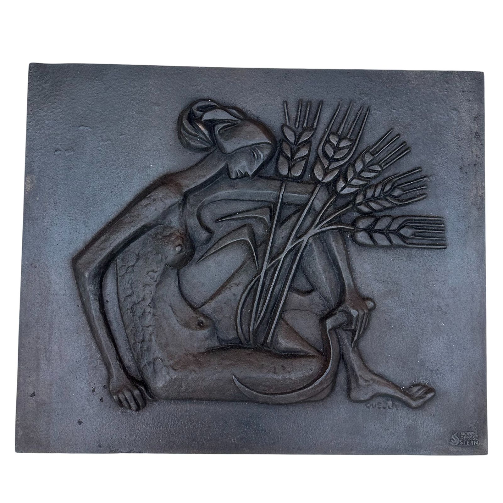 photo vinterior Modernist Cast Iron Plaque Depicting A Nude Woman Holding A Scythe And Ears Of Wheat
