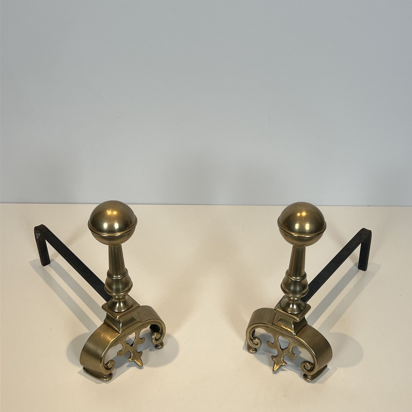 Pair Of Brass Andirons, 1900s, Antique photo furniture