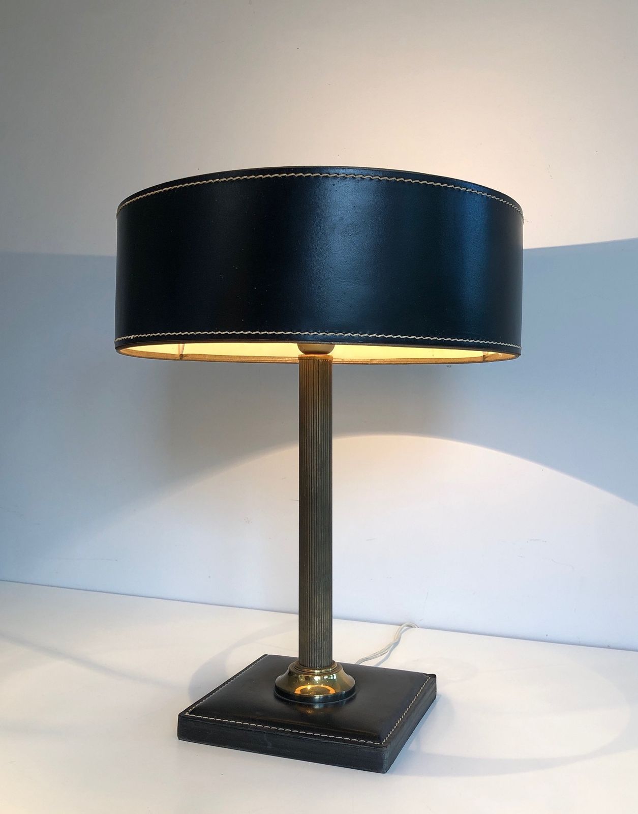 Black Leather And Brass Desk Lamp In The Style Of Jacques Adnet photo furniture