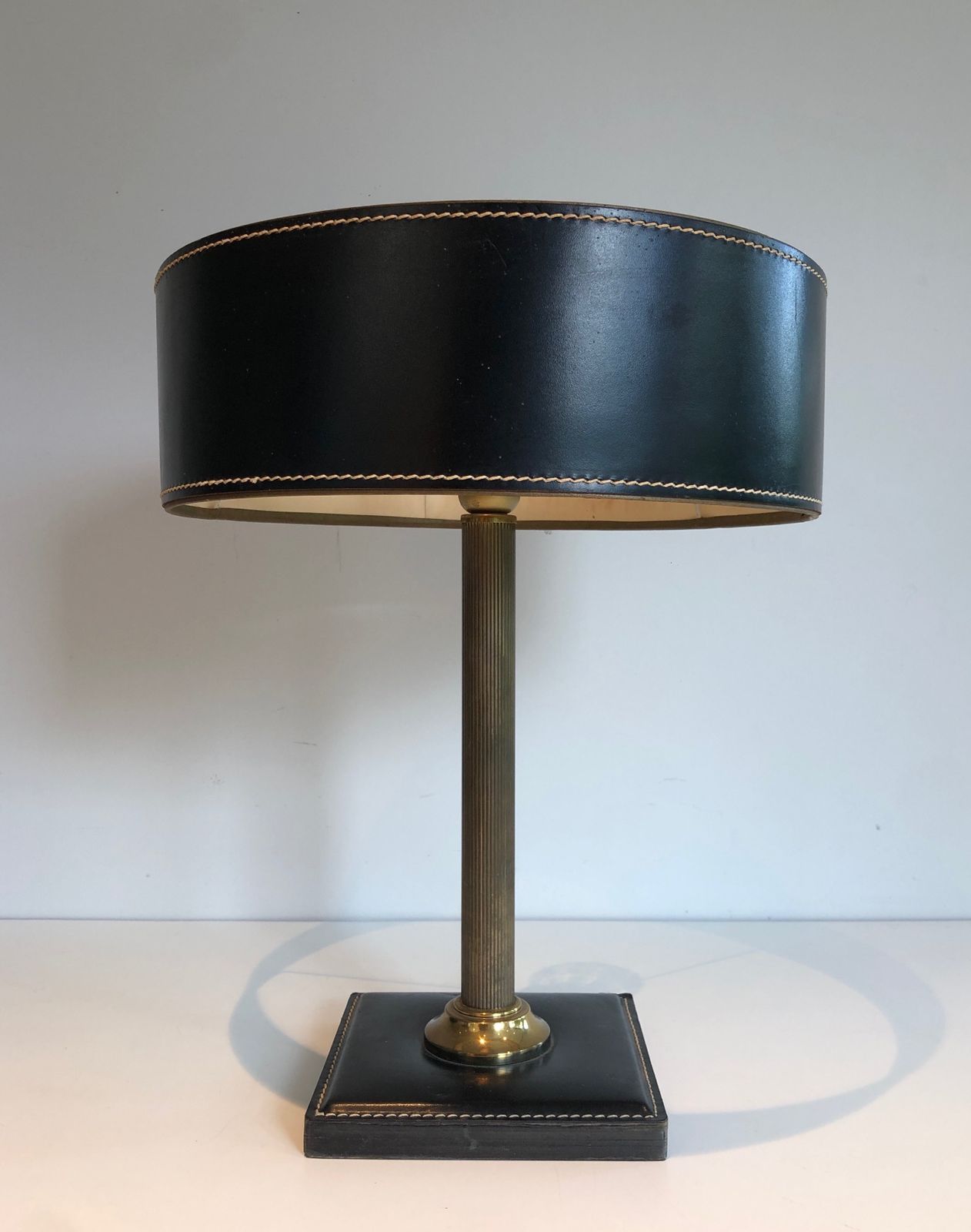 Black Leather And Brass Desk Lamp In The Style Of Jacques Adnet photo vintage