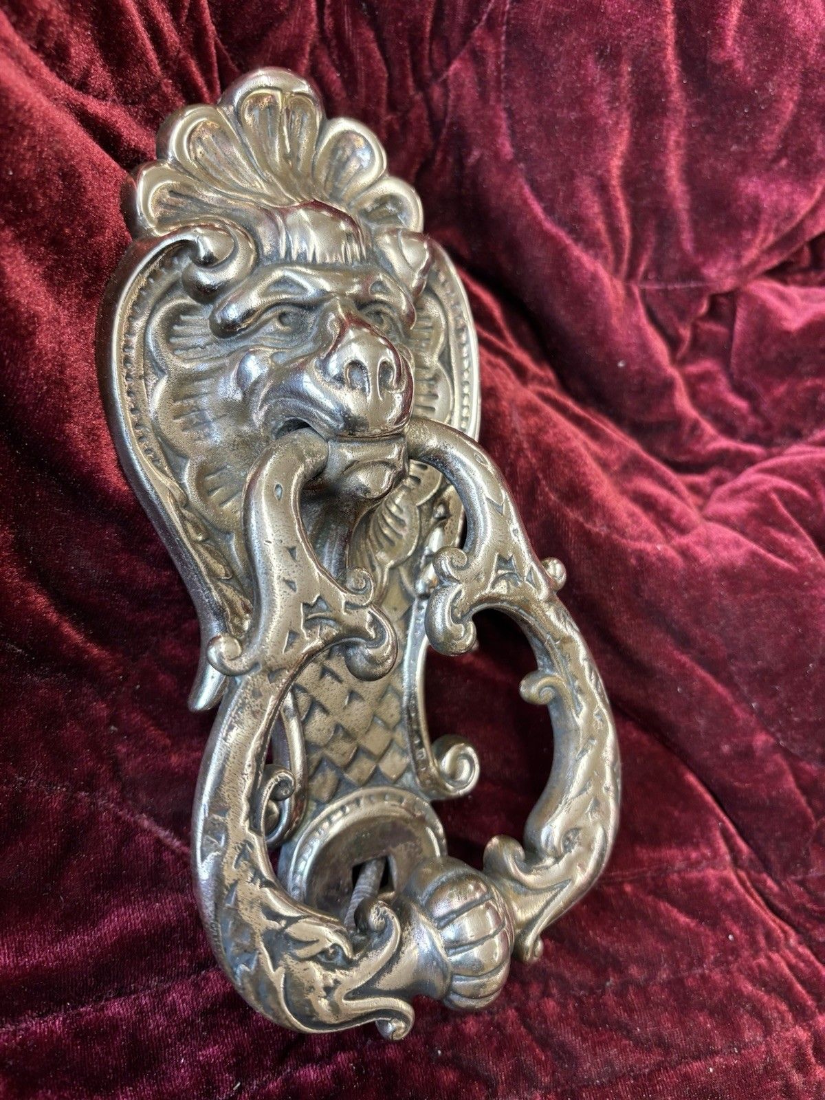 Antique Solid Bronze Front Door Knocker Reclaim Period Victorian Lions Head Rare photo for sale