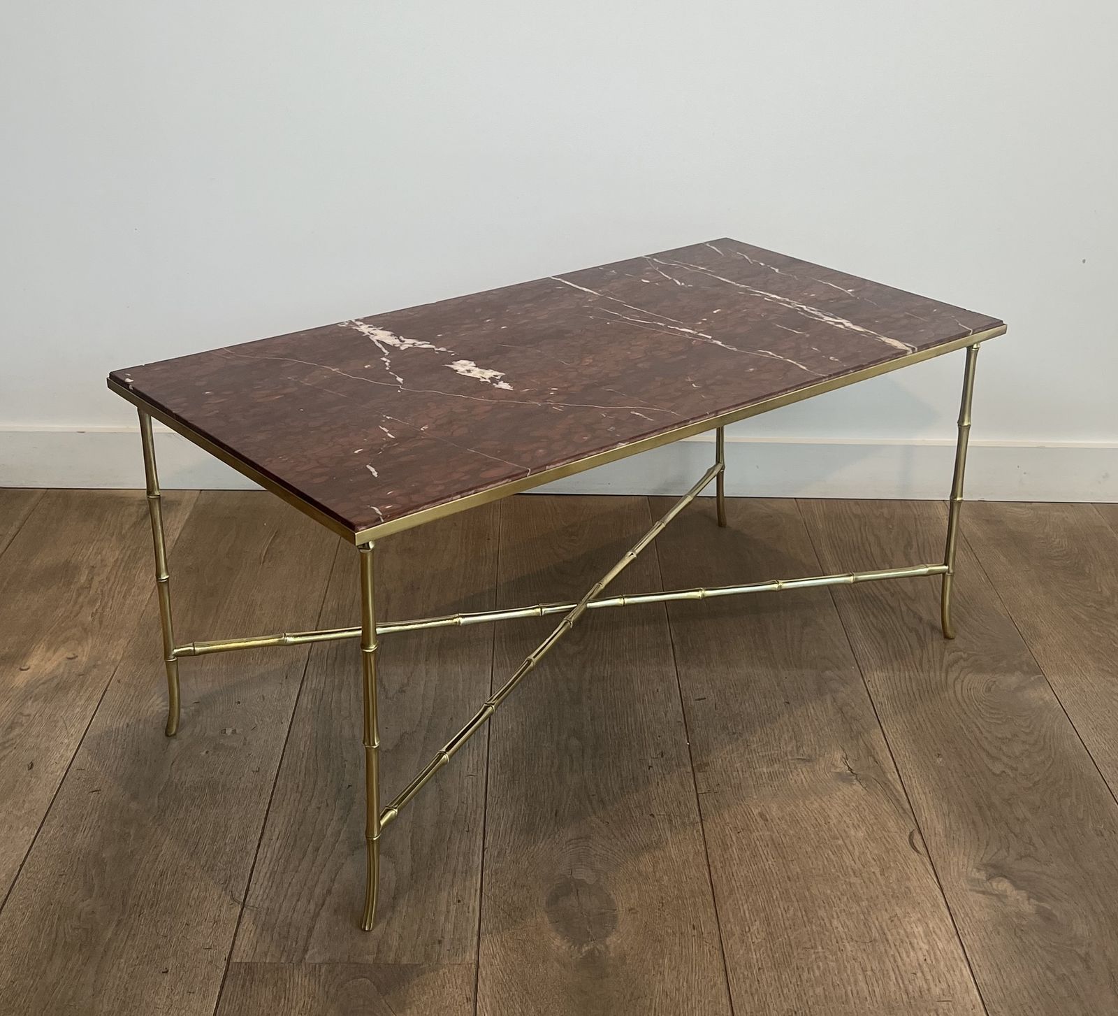 Bronze Coffee Table In Faux Bamboo Style With Veined Red Marble Tops From Maison Bagués photo for sale