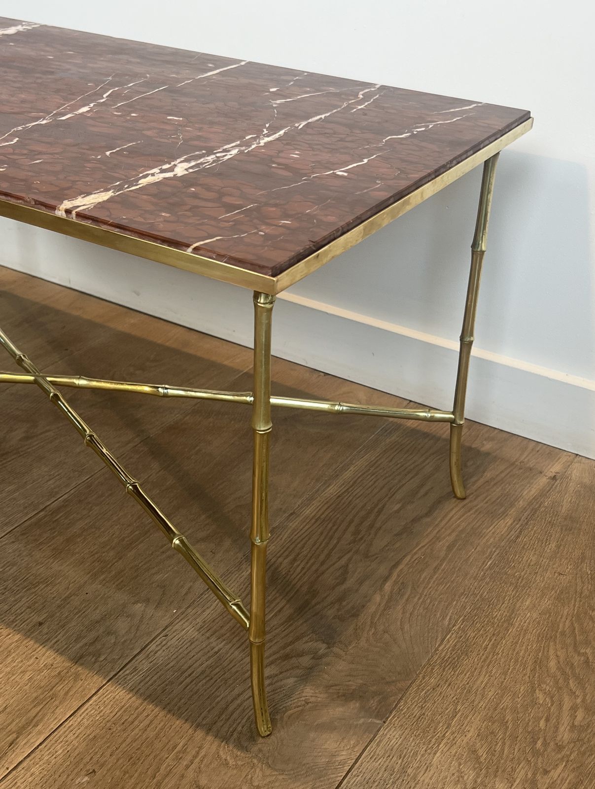 photo furniture Bronze Coffee Table In Faux Bamboo Style With Veined Red Marble Tops From Maison Bagués