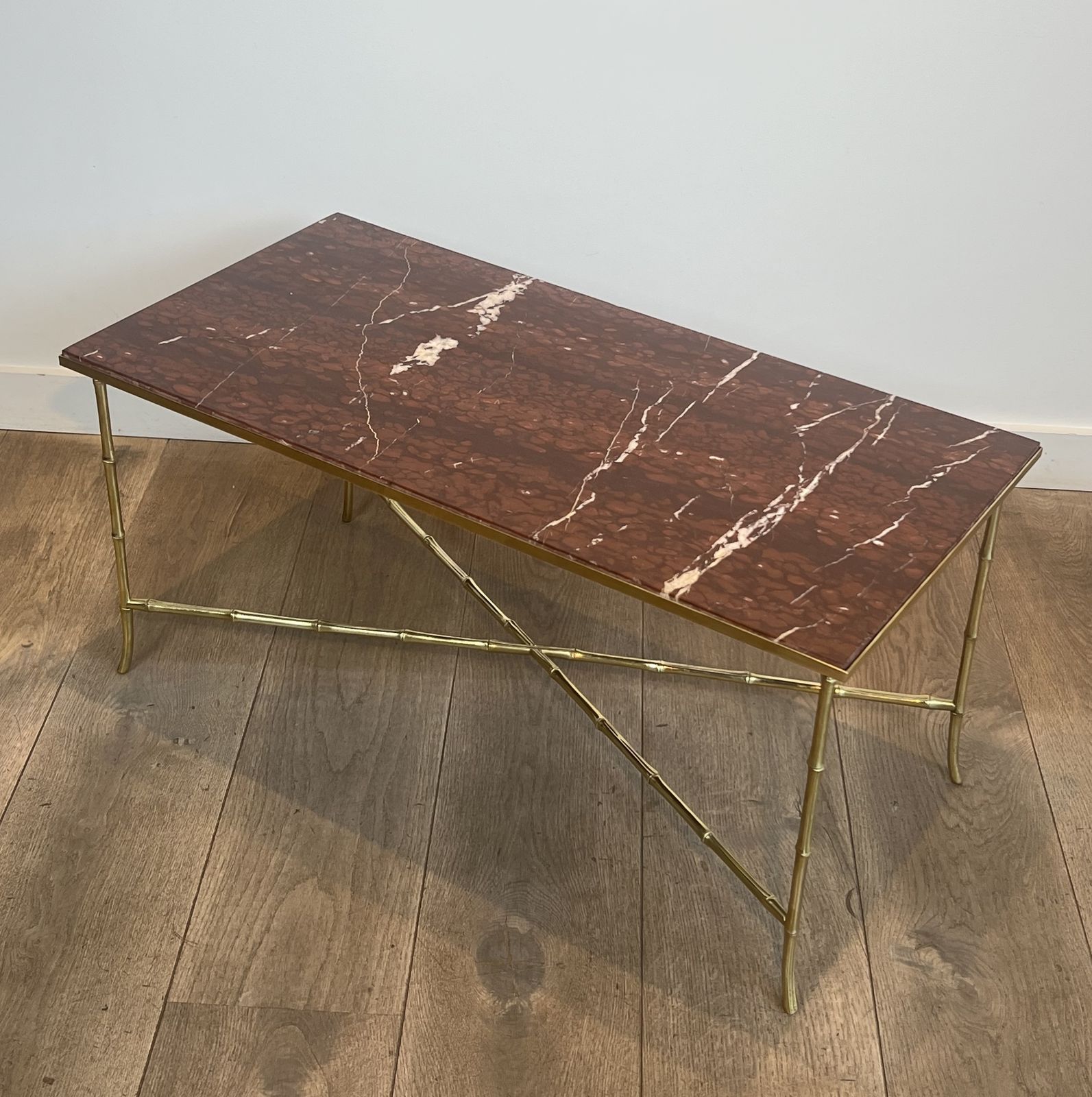 3850.0 Bronze Coffee Table In Faux Bamboo Style With Veined Red Marble Tops From Maison Bagués photo