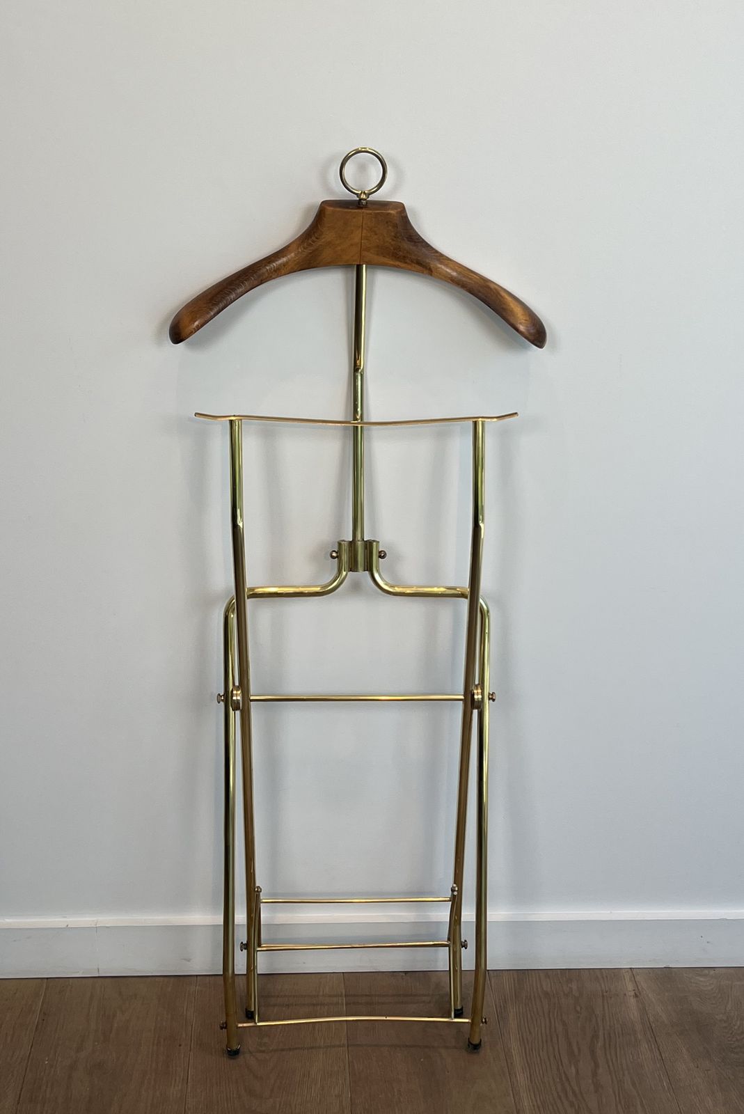 Neoclassical Style Folding Valet Stand In Brass And Wood photo for sale