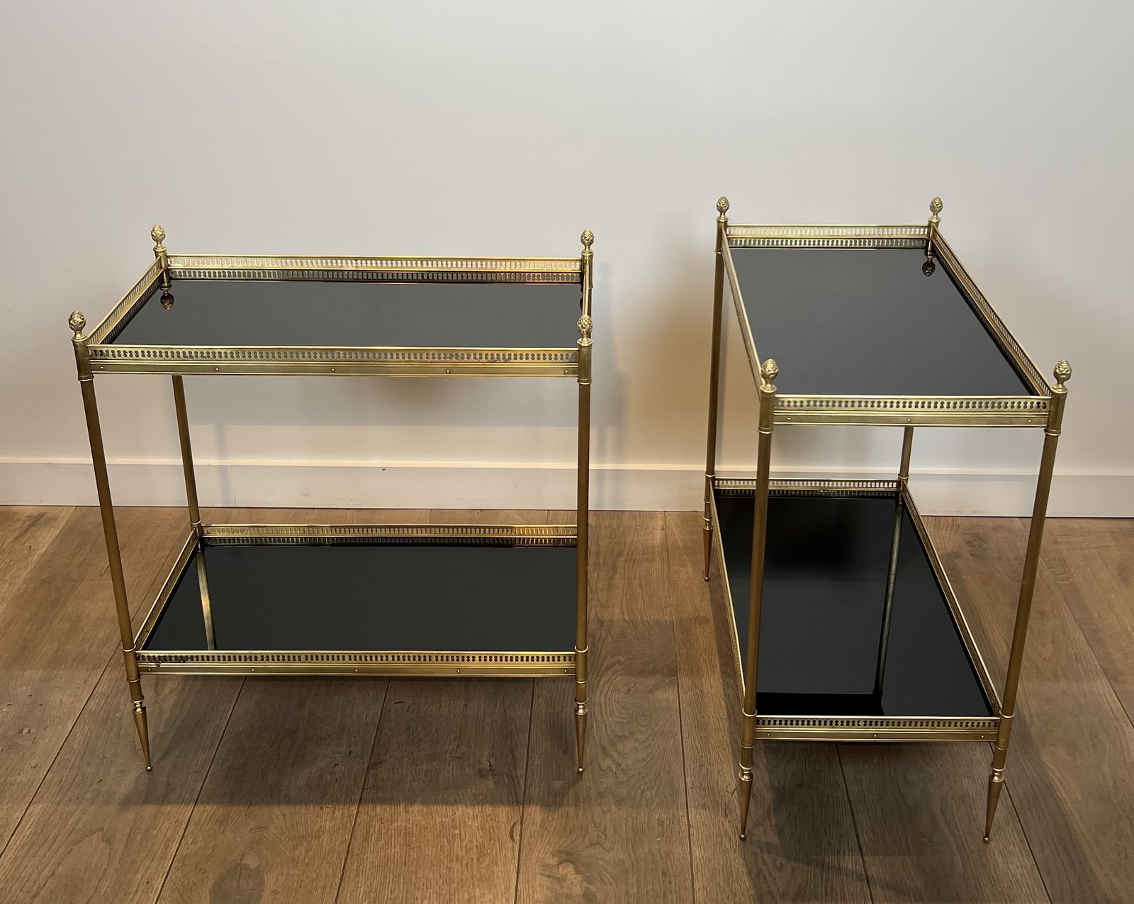 Pair Of Neoclassical Style Brass Side Tables With Black Lacquered Glass Top By Maison Jansen photo Furniture