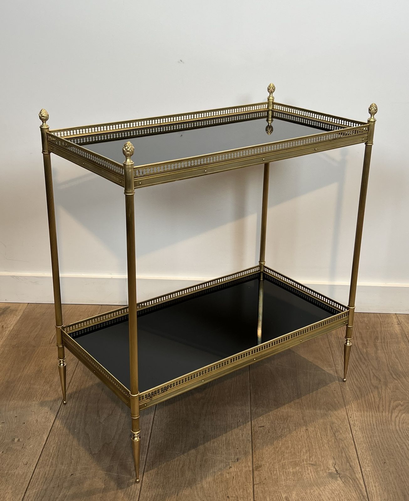 Pair Of Neoclassical Style Brass Side Tables With Black Lacquered Glass Top By Maison Jansen photo vinterior