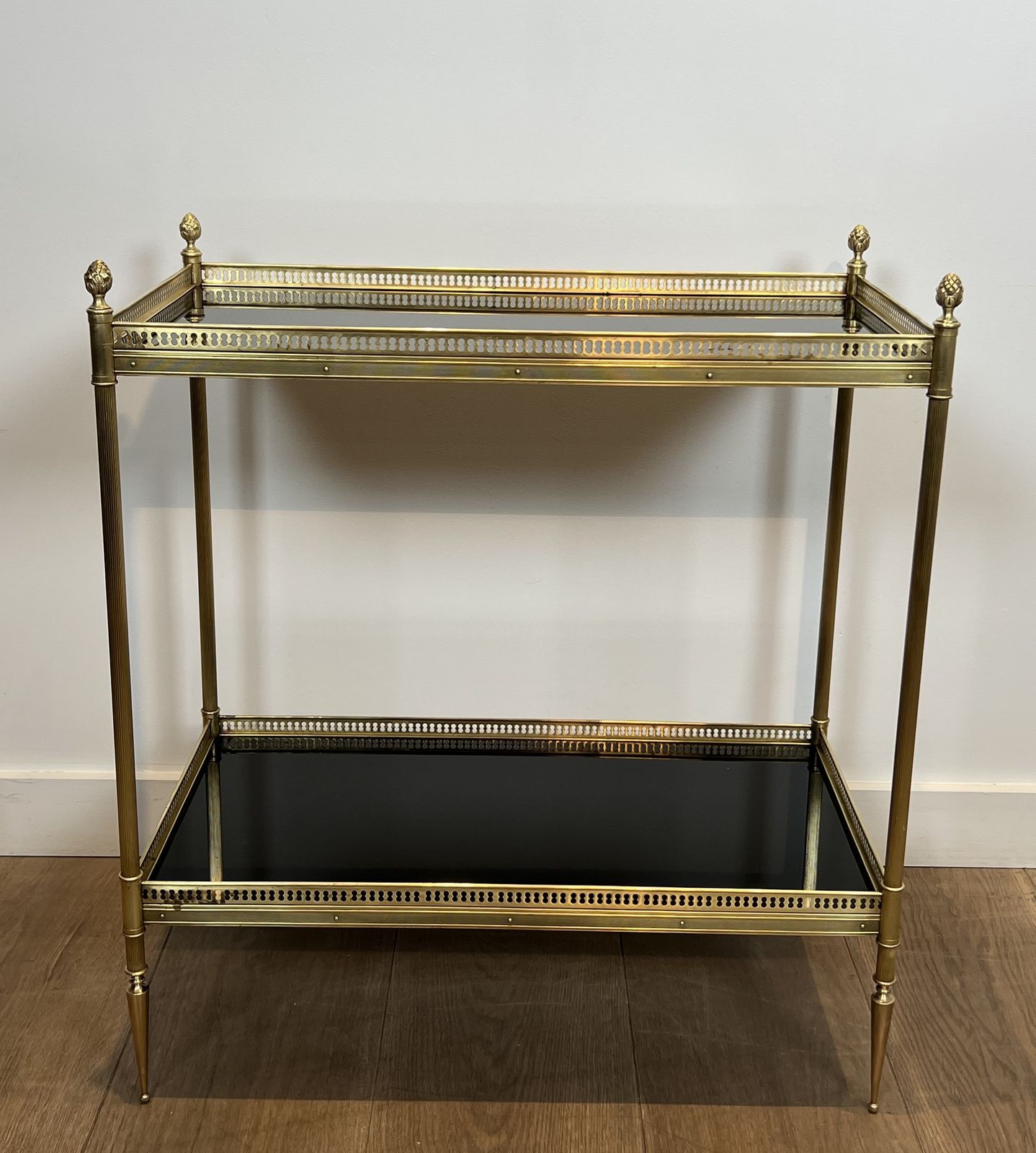 Pair Of Neoclassical Style Brass Side Tables With Black Lacquered Glass Top By Maison Jansen photo buy