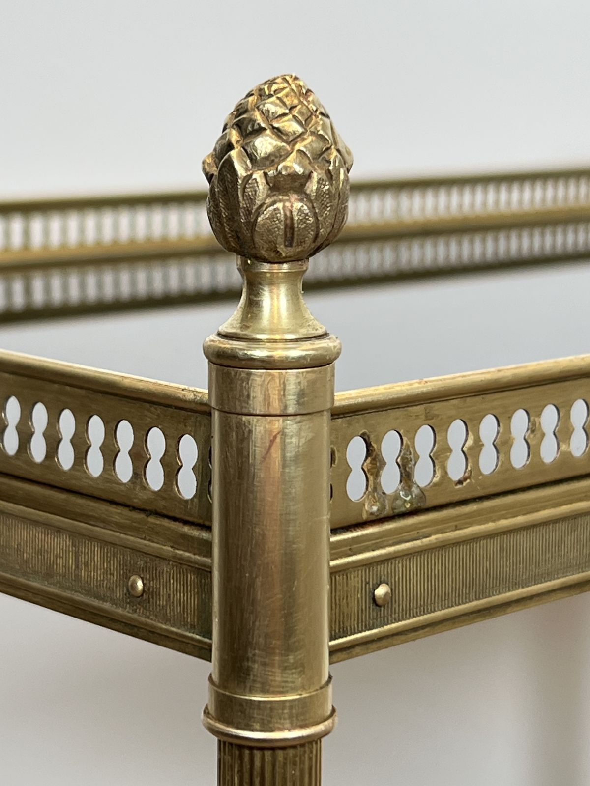 photo for sale Pair Of Neoclassical Style Brass Side Tables With Black Lacquered Glass Top By Maison Jansen
