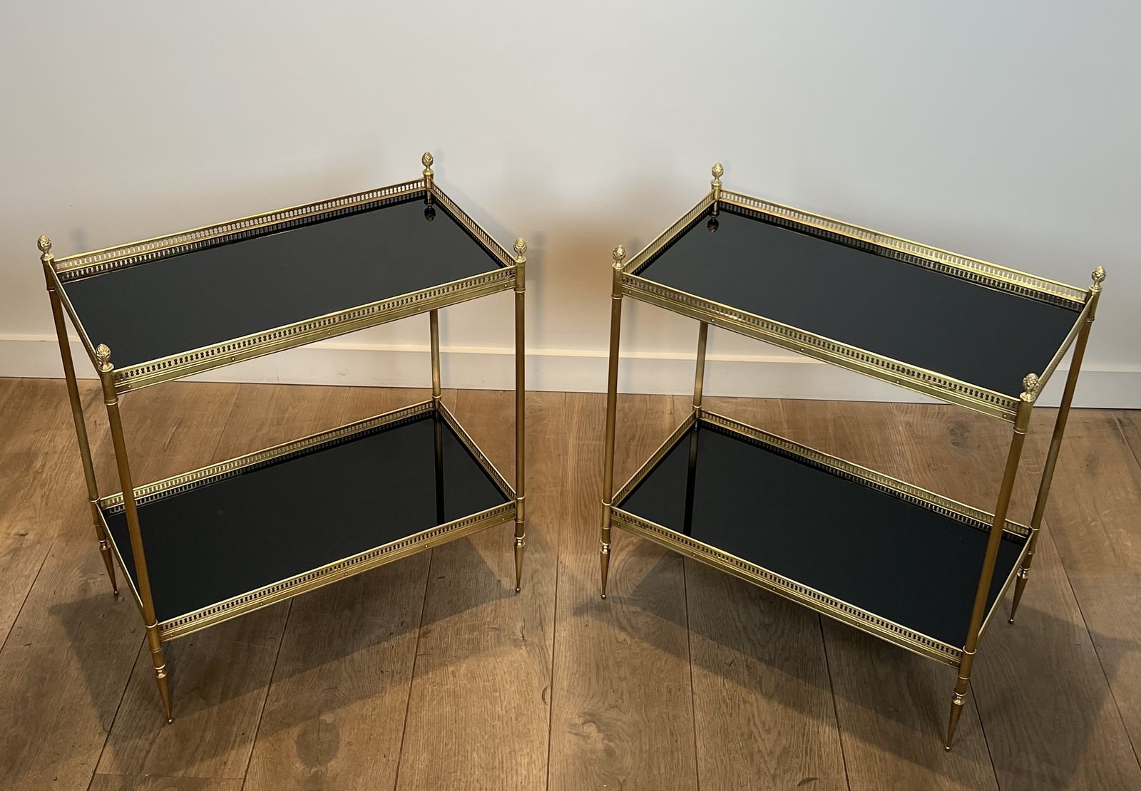 5850.0 Pair Of Neoclassical Style Brass Side Tables With Black Lacquered Glass Top By Maison Jansen photo