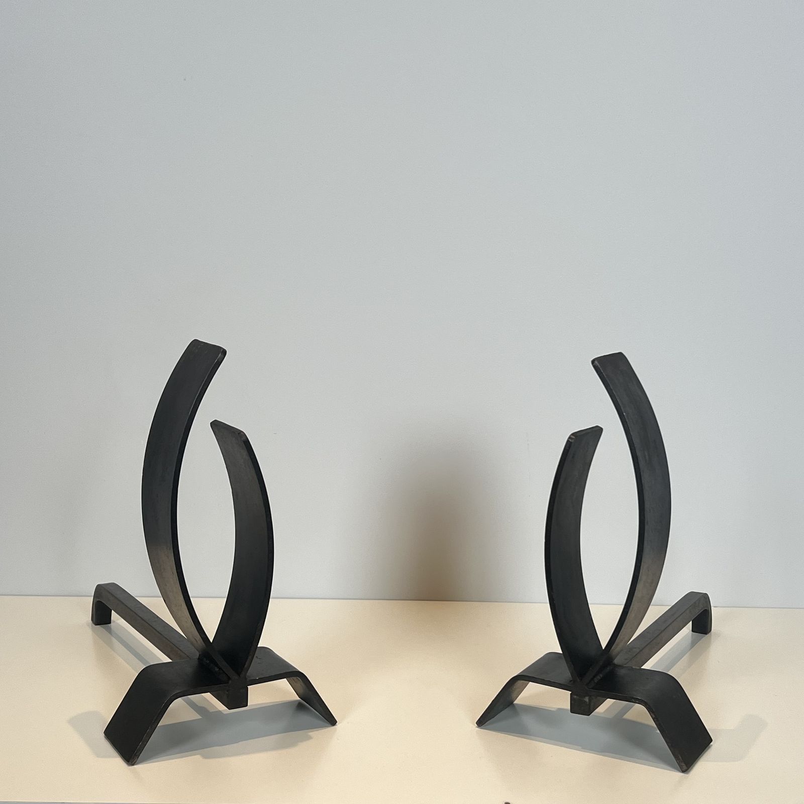 photo vintage Pair Of Modernist Steel And Wrought Iron Andirons
