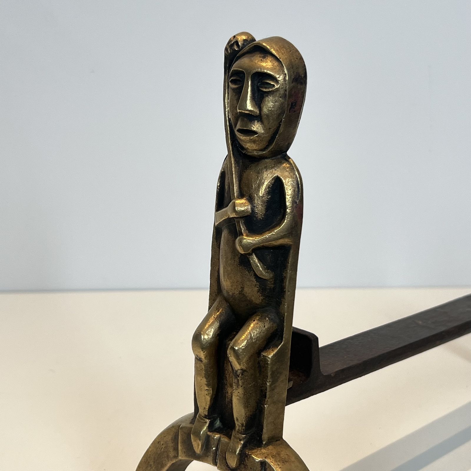 Pair Of Bronze Andirons With Seated Shamans, Monogrammed Anton Prinner photo vintage