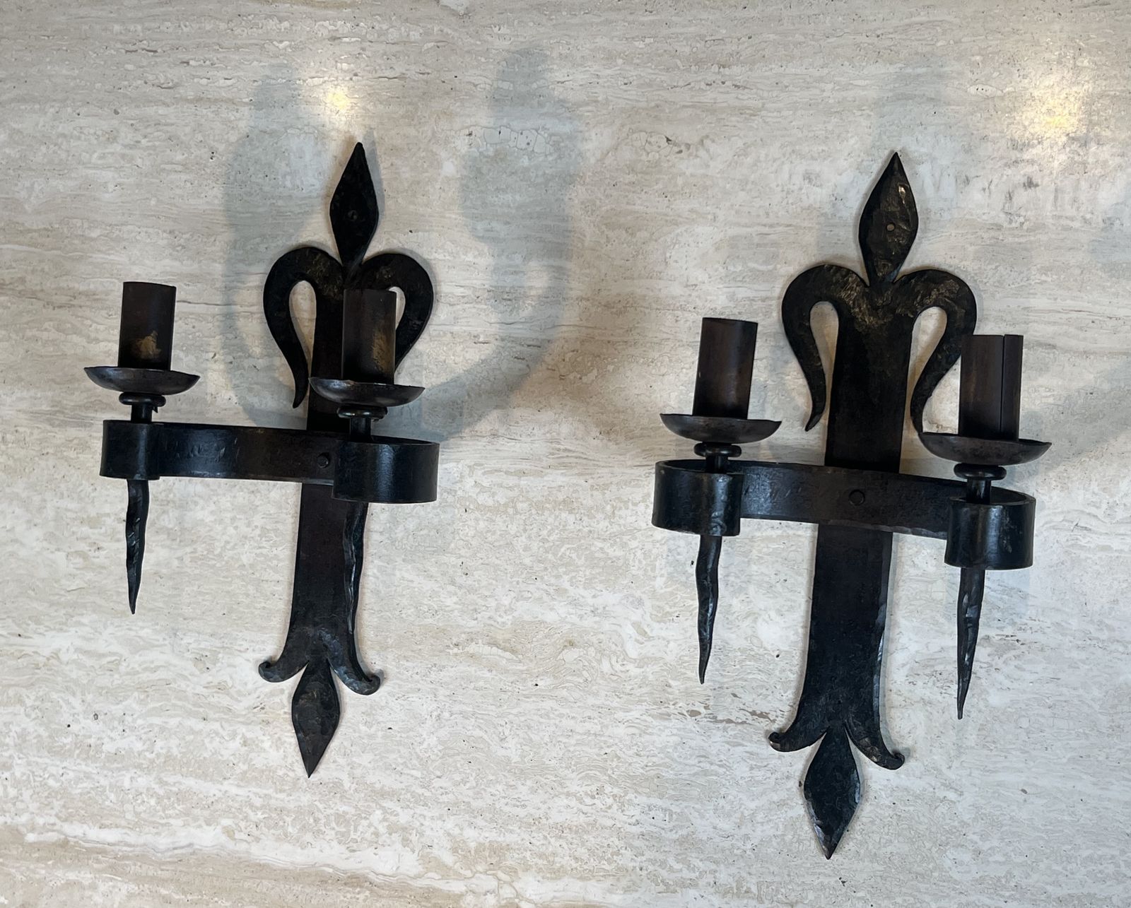 Important Pair Of Wrought Iron Wall Sconces "With Fleur De Lys" Design, 2 Light Gothic Style photo furniture