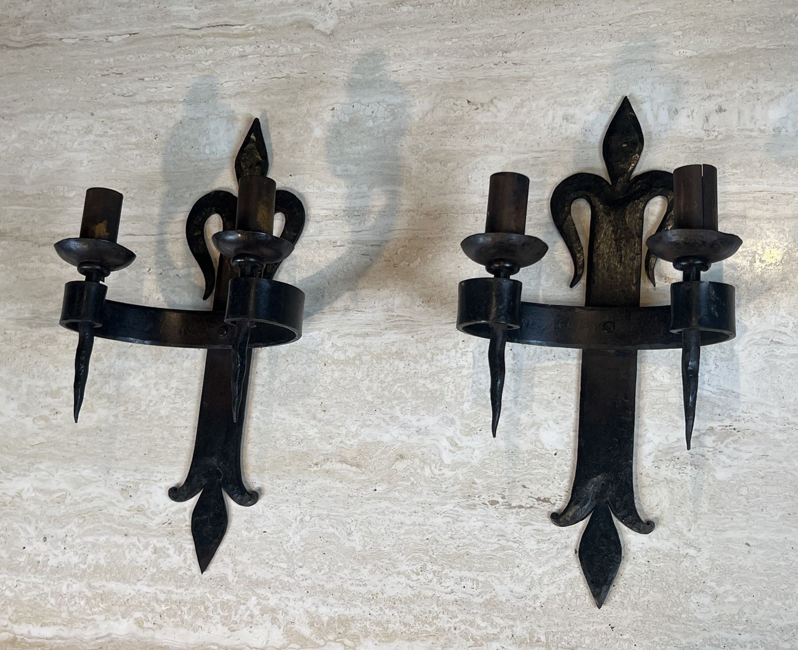 Important Pair Of Wrought Iron Wall Sconces "With Fleur De Lys" Design, 2 Light Gothic Style photo for sale