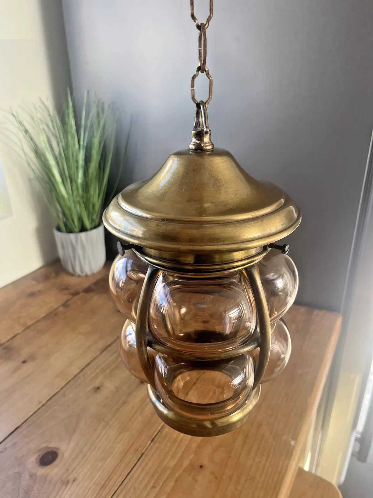 Lighting Mid Century Brass Cage Blown Porch Light Lantern Lamp Shade & Gallery Scandi 60s photo