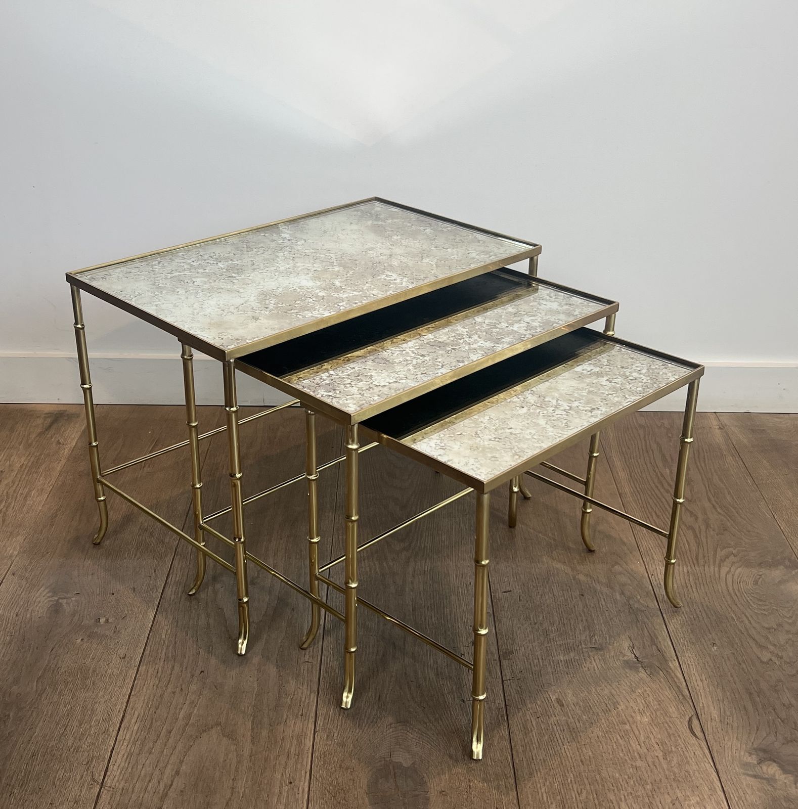 Set Of Nesting Tables In Faux Bamboo Style, Brass With Eglomisé Glass Top By Maison Baguès