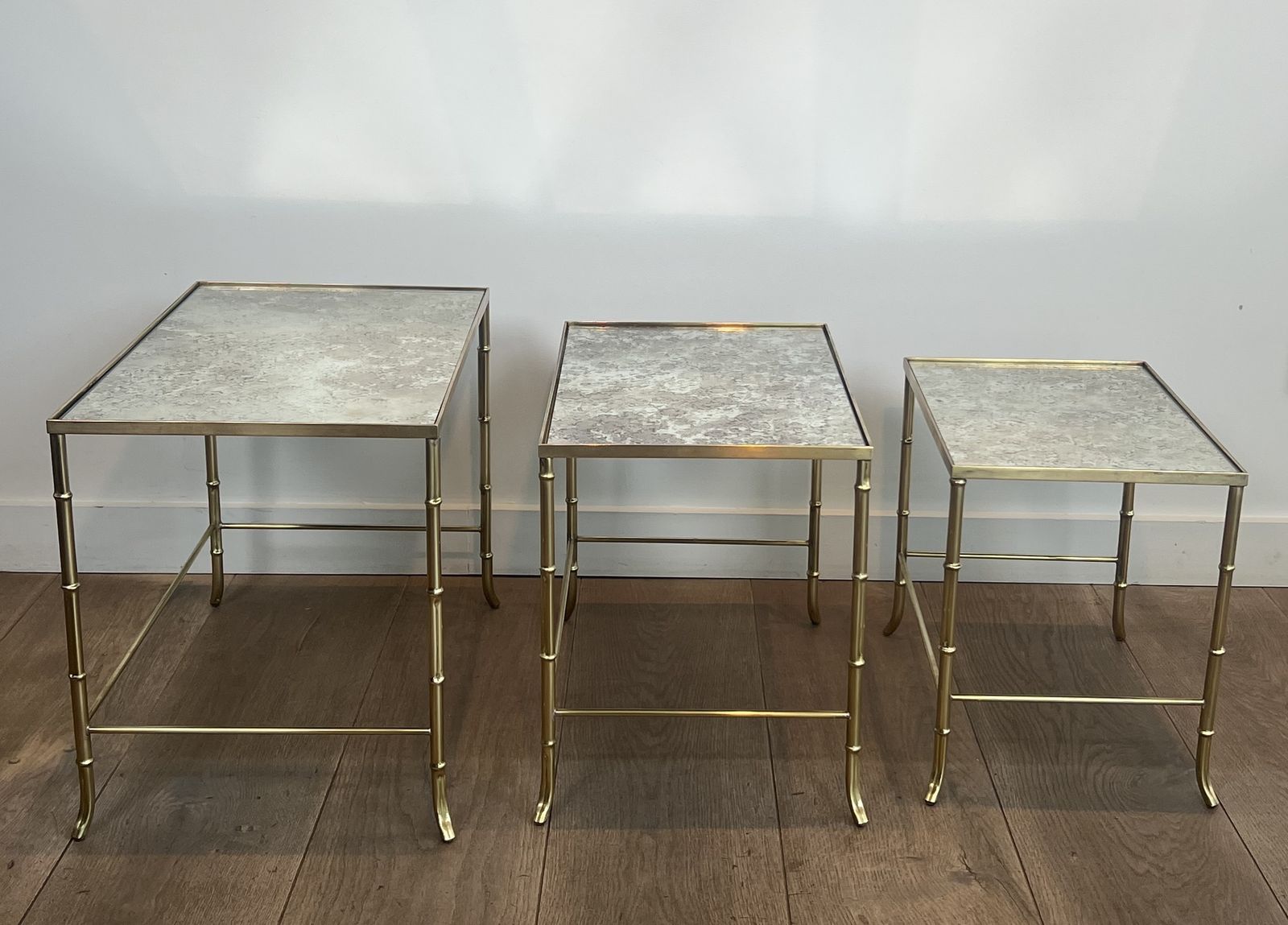 Set Of Nesting Tables In Faux Bamboo Style, Brass With Eglomisé Glass Top By Maison Baguès photo for sale