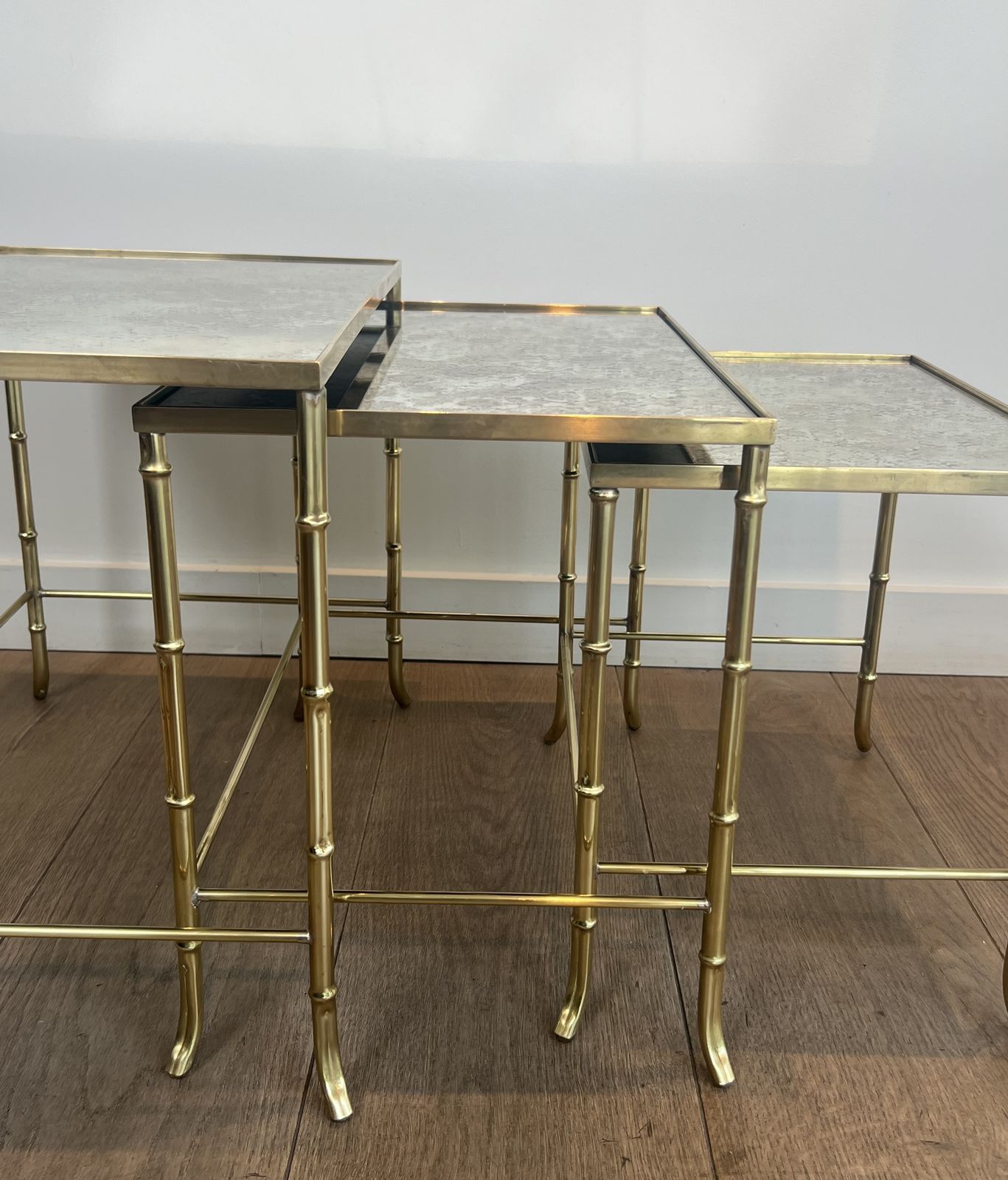 Set Of Nesting Tables In Faux Bamboo Style, Brass With Eglomisé Glass Top By Maison Baguès photo buy