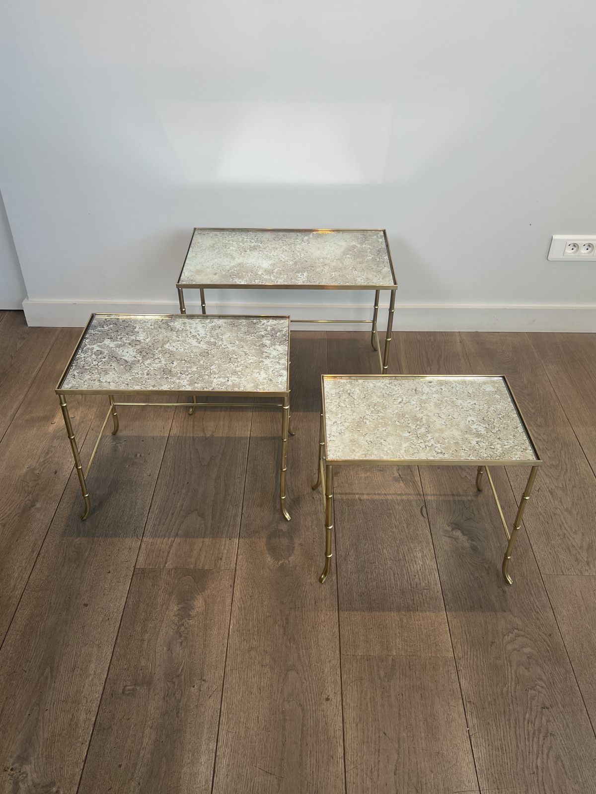 2450.0 Set Of Nesting Tables In Faux Bamboo Style, Brass With Eglomisé Glass Top By Maison Baguès photo