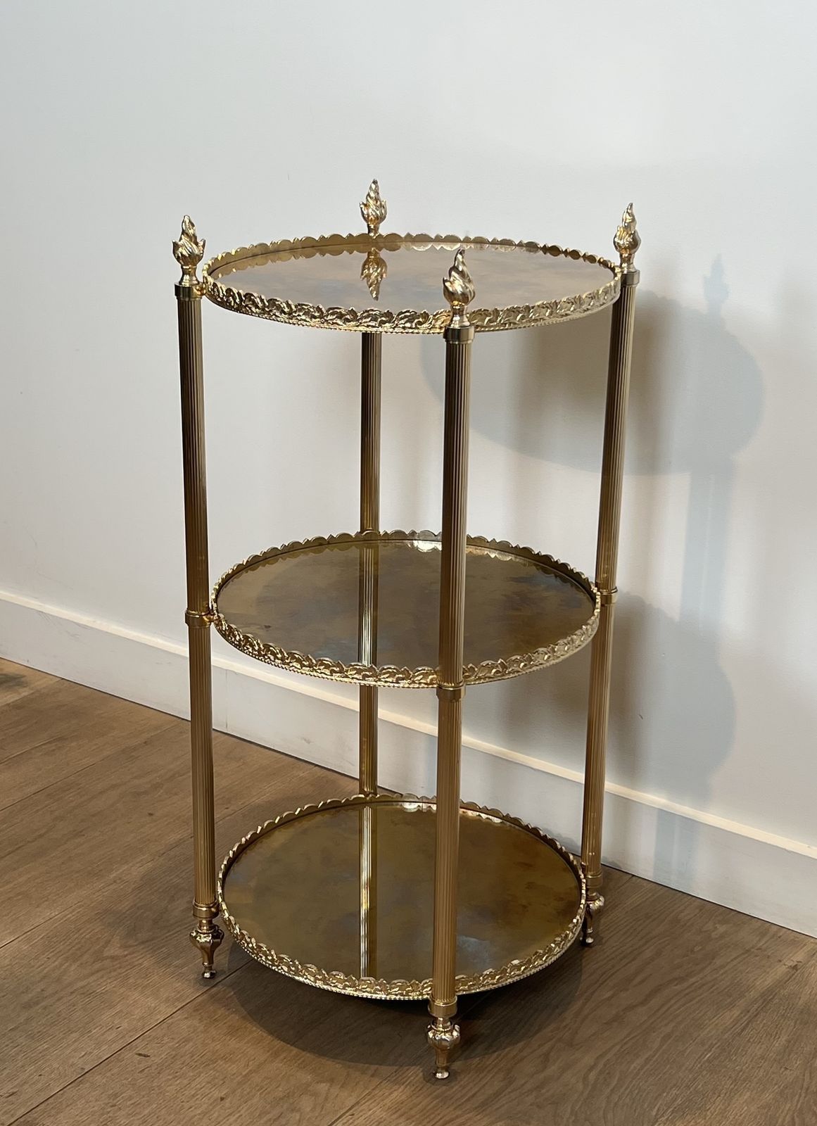 Round Silver Plated Brass Side Table With Triple Eglomisé Mirrored Shelves By Maison Jansen photo vinterior