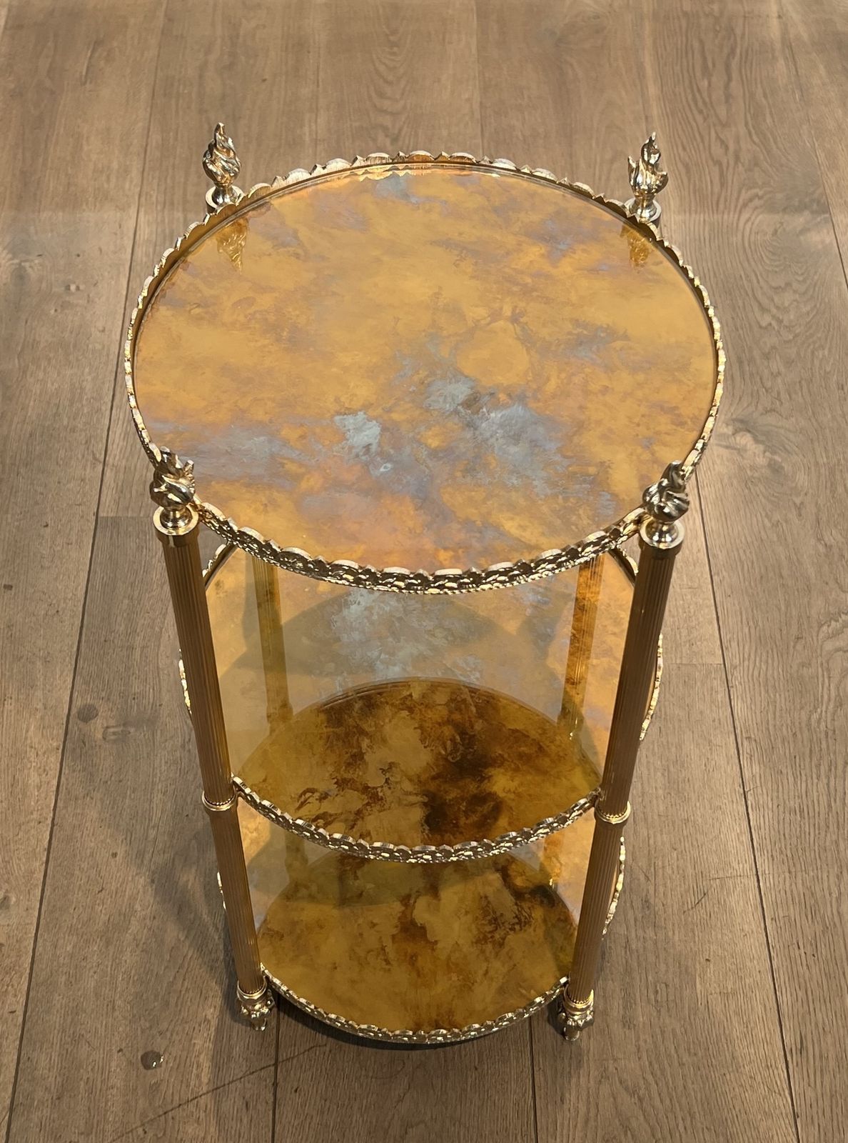 photo vinterior Round Silver Plated Brass Side Table With Triple Eglomisé Mirrored Shelves By Maison Jansen