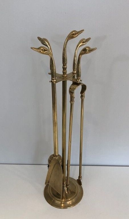 Brass Duck Head Fire Kit In The Style Of Maison Jansen