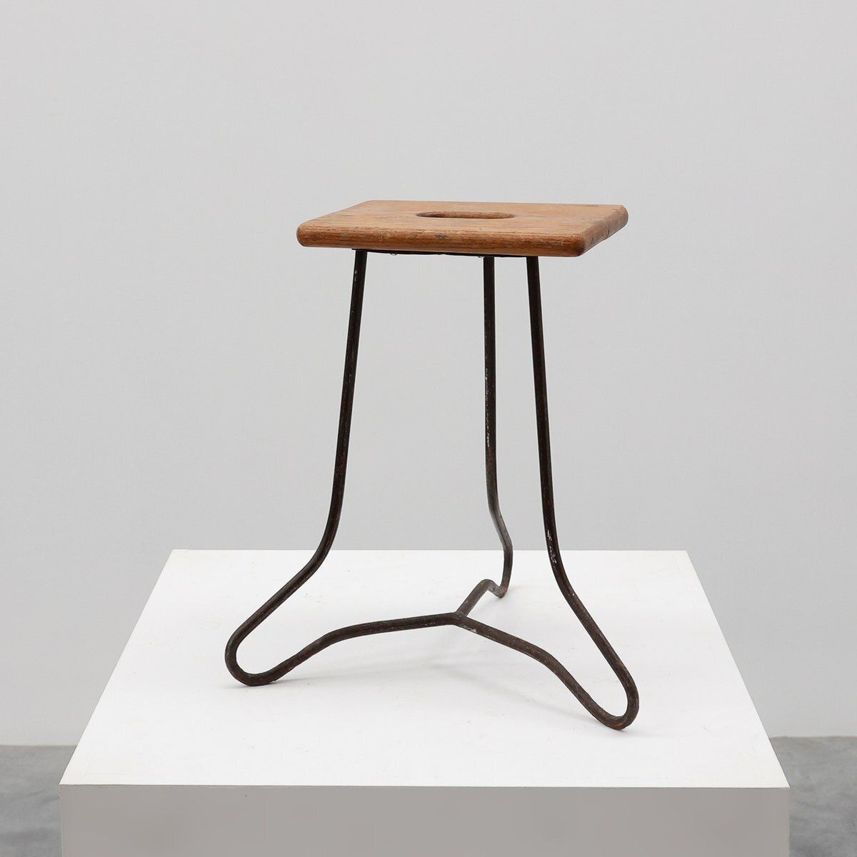 Modernist Industrial Iron And Oak Split Slats Stool, France, 1960s