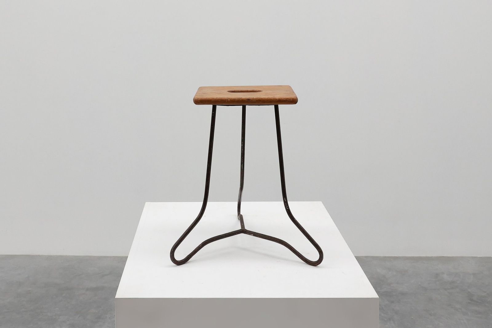 Modernist Industrial Iron And Oak Split Slats Stool, France, 1960s photo for sale