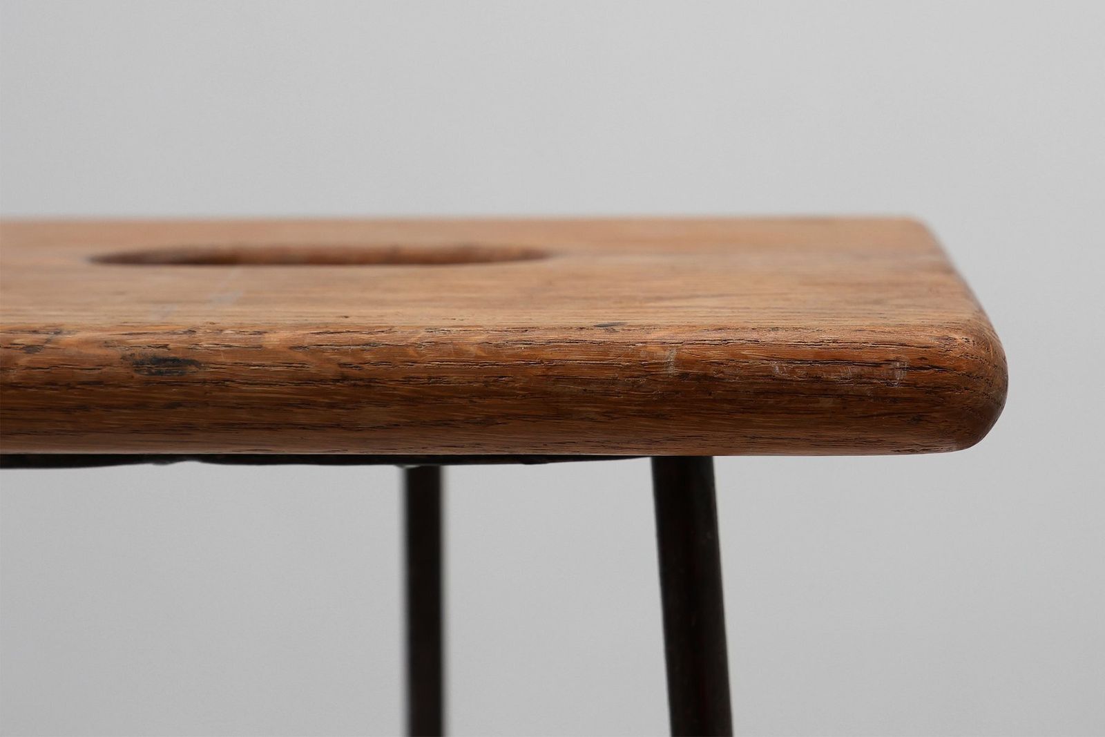 Modernist Industrial Iron And Oak Split Slats Stool, France, 1960s photo Furniture